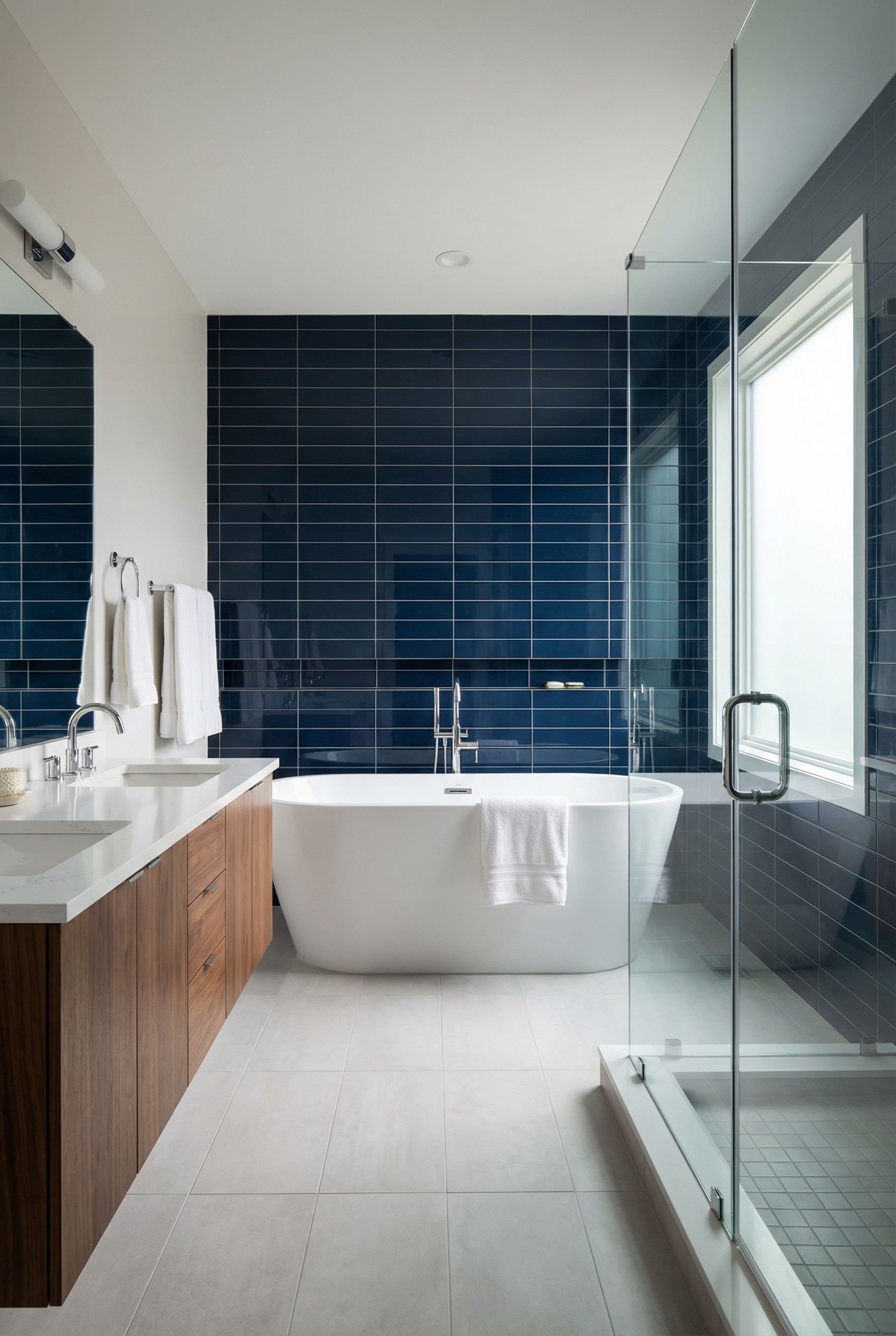 Navy Blue Glass Tile Primary Bathroom