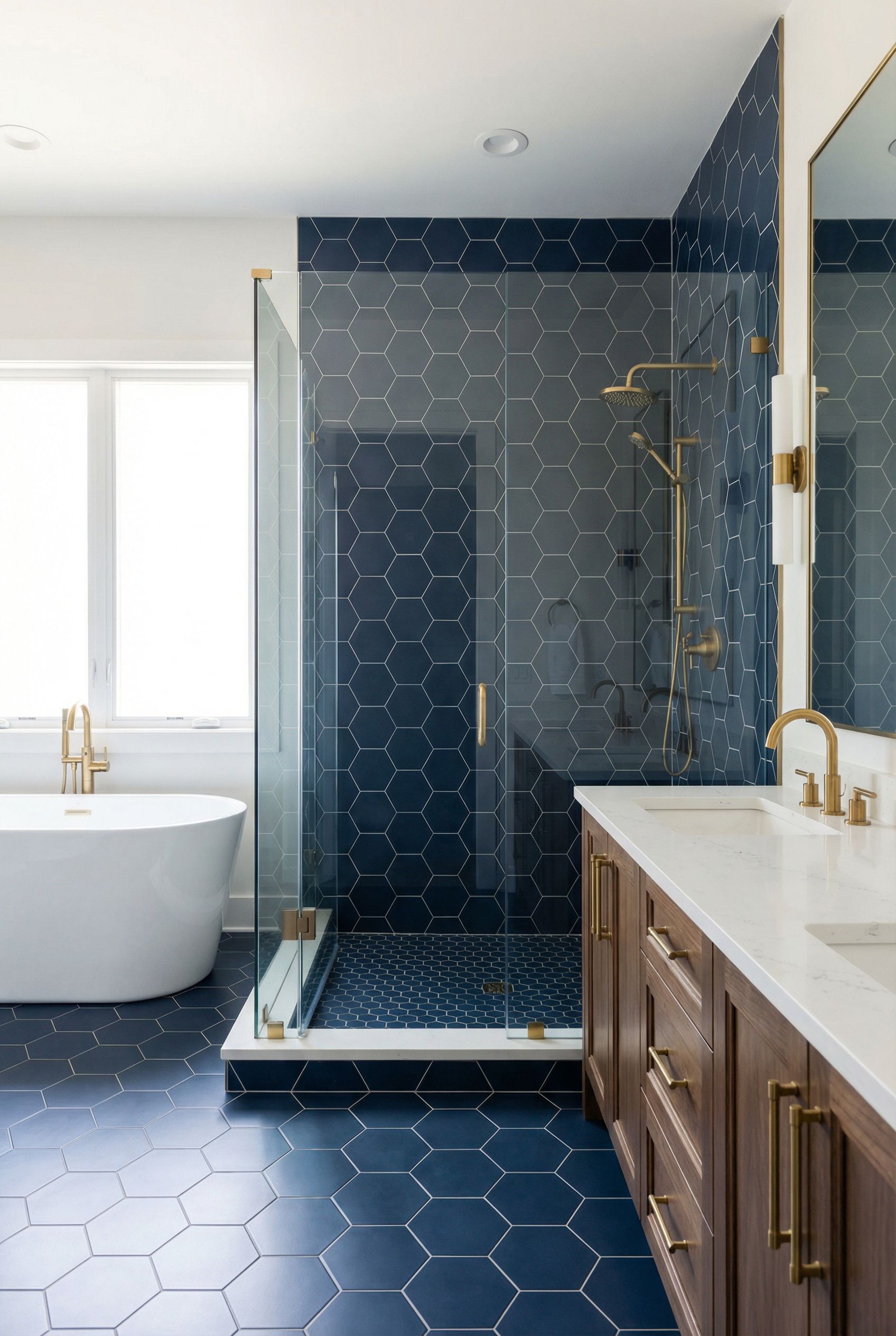 Navy Blue Hexagon Tile Primary Bathroom