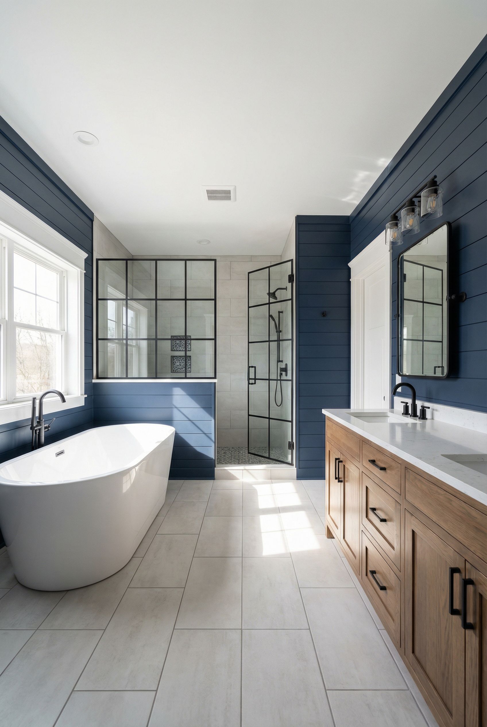 Navy Blue Modern Farmhouse Primary Bathroom