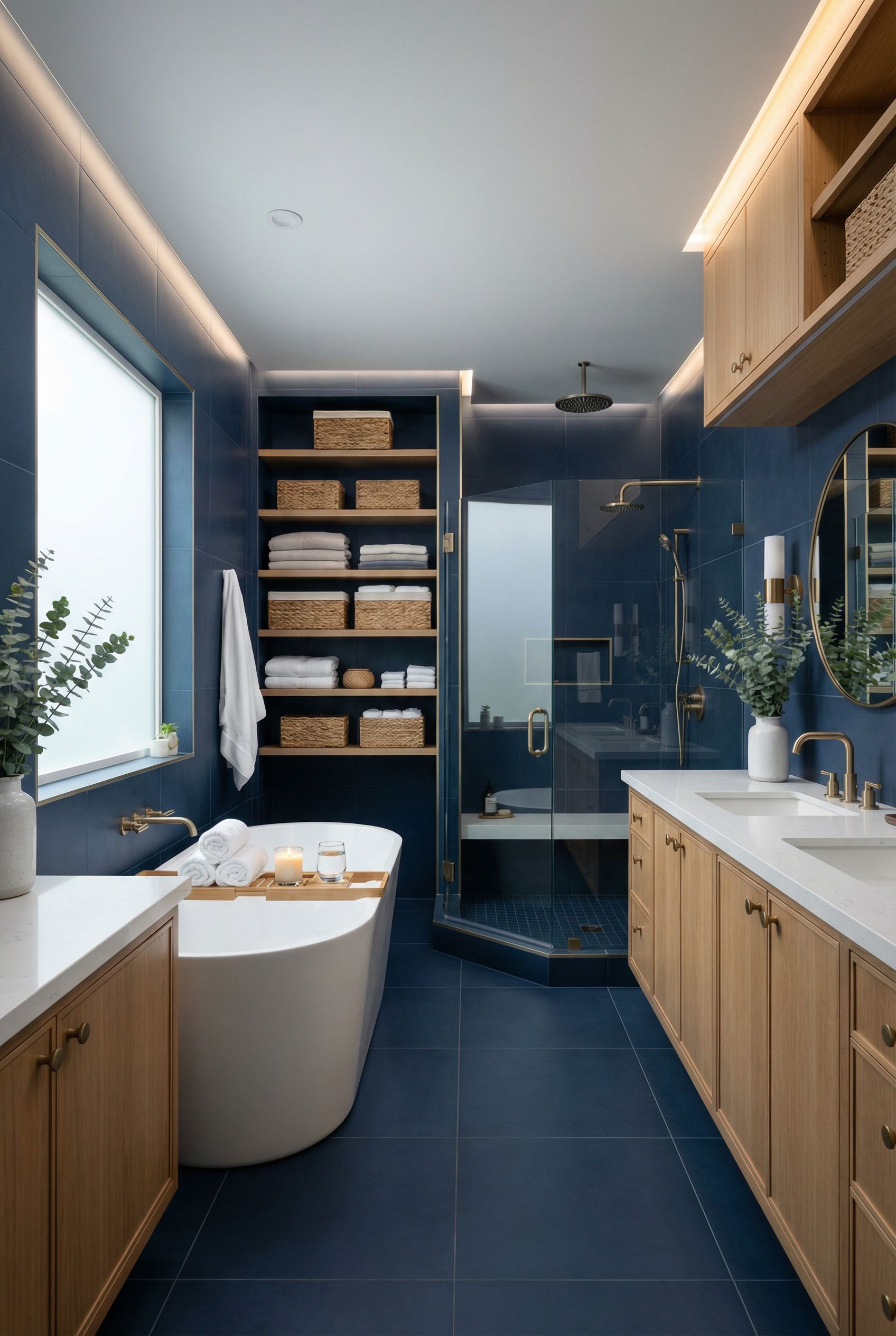 Navy Blue Spa Primary Bathroom Experience