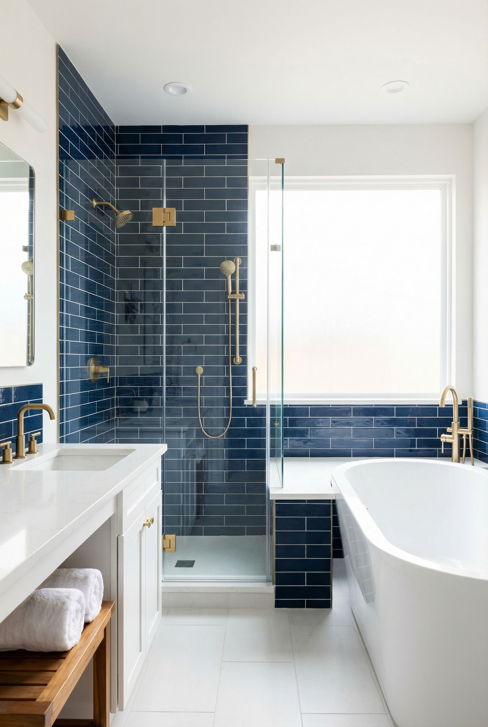 Navy Blue Subway Tile Primary Bathroom