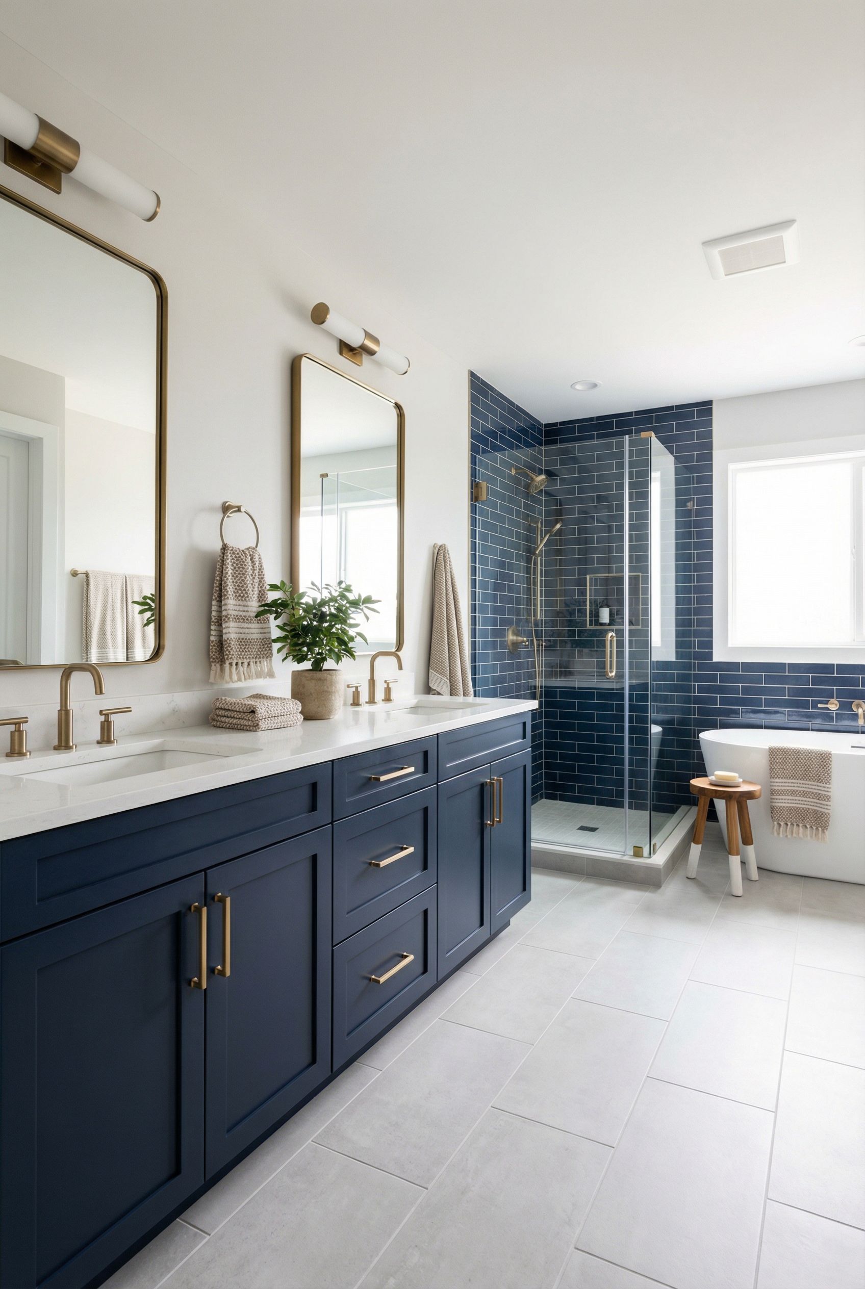 Navy Blue Transitional Primary Bathroom Design