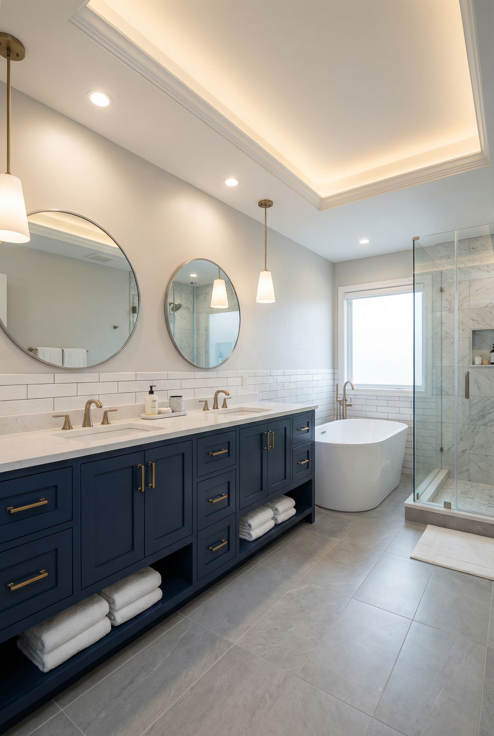 Navy Blue Vanity Primary Bathroom Design