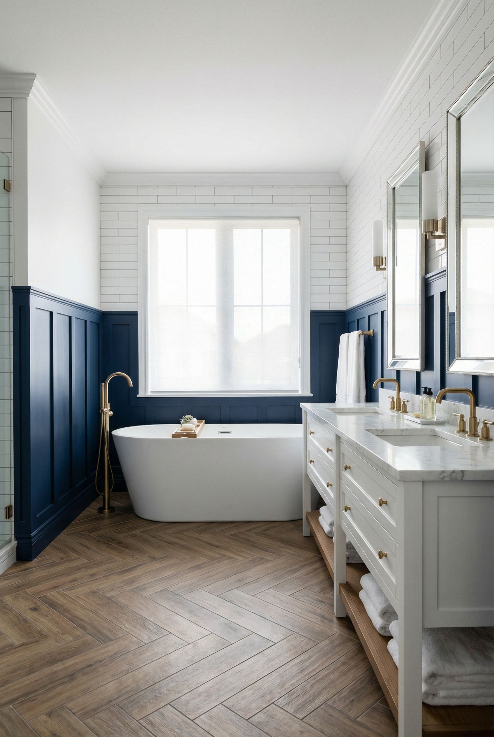 Navy Blue Wainscoting Primary Bathroom Style