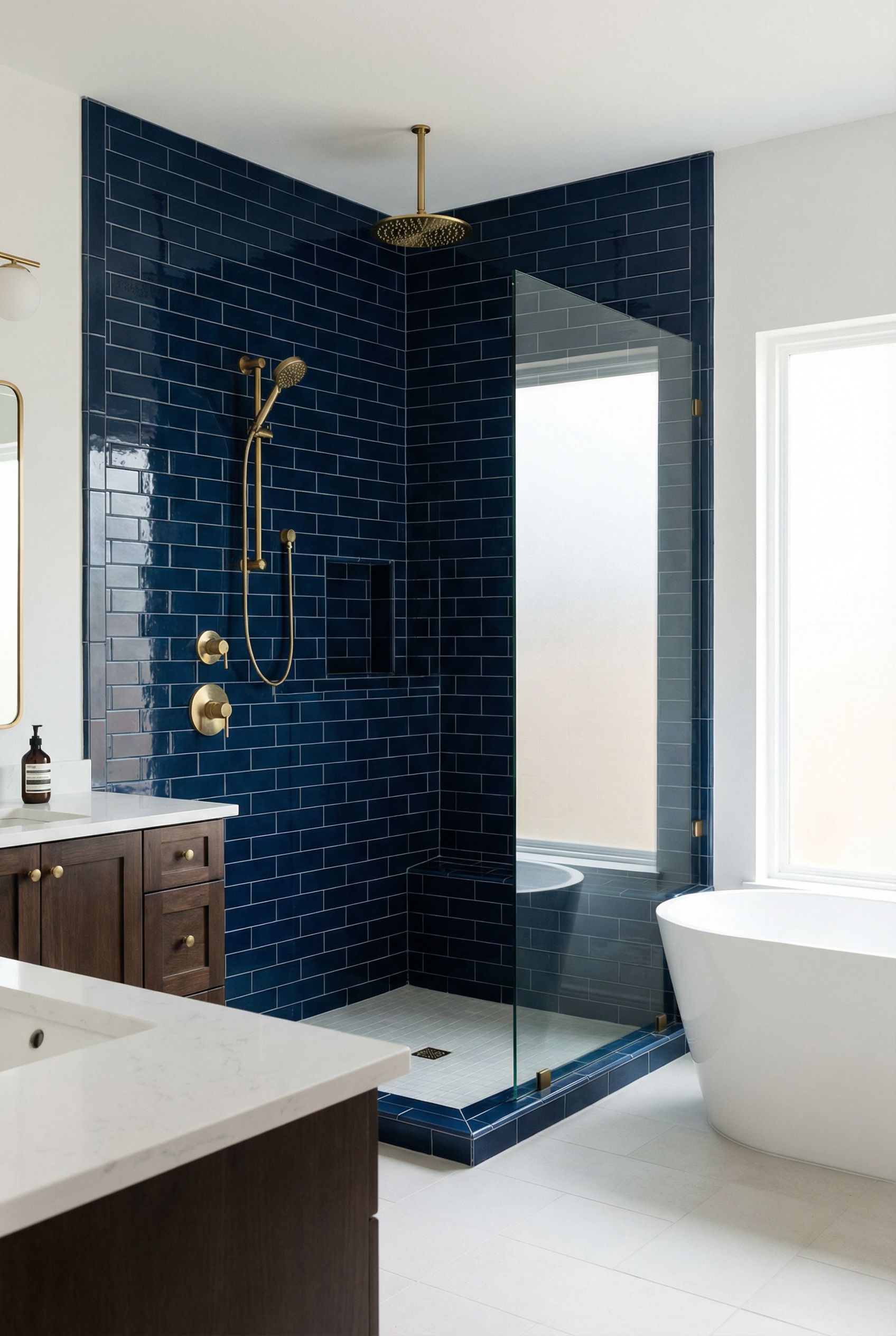 Navy Blue Walk-In Shower Primary Bathroom