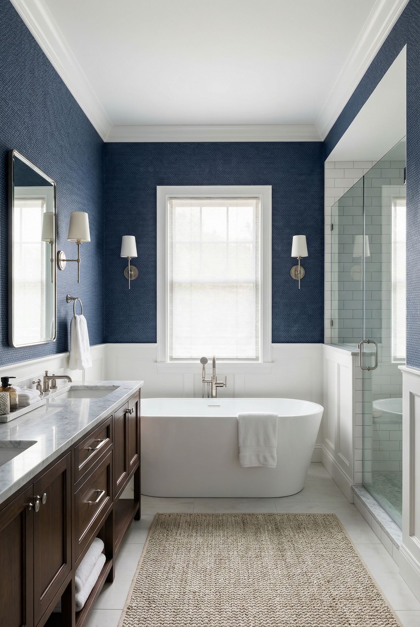 Navy Blue Wallpaper Primary Bathroom Elegance