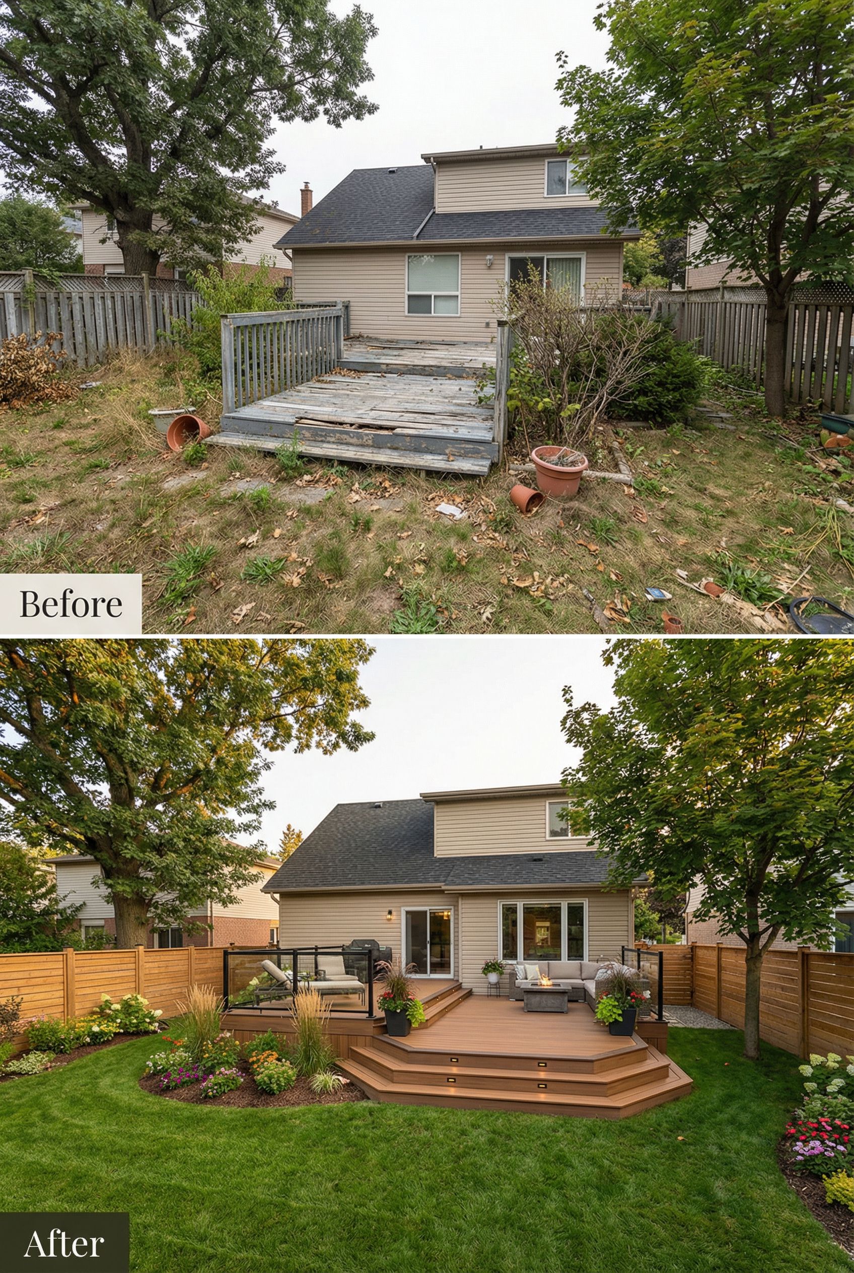 Neglected backyard deck revived into a multi-platform cocktail terrace