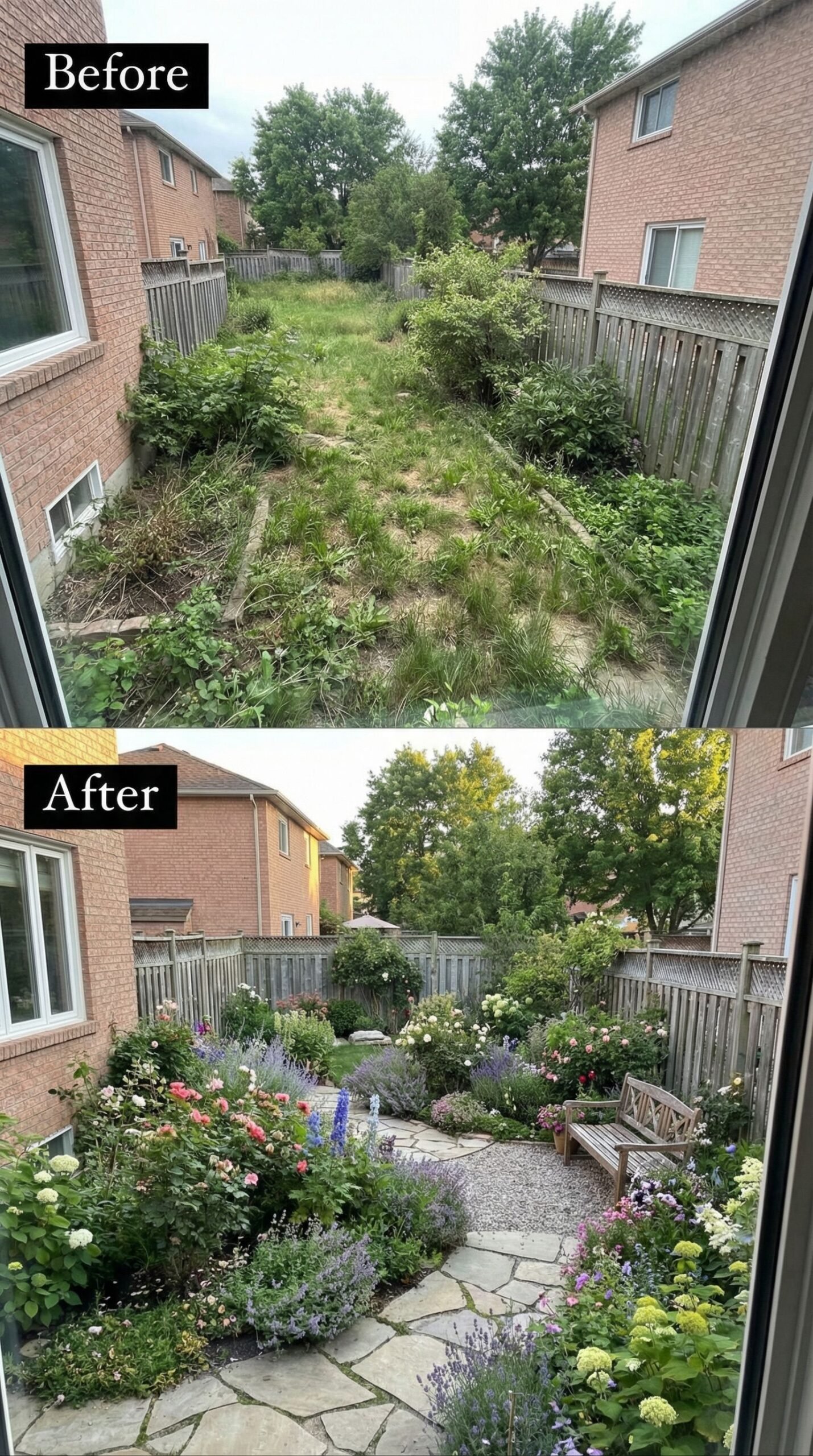 Neglected Foundation Beds → Blooming Flower Borders