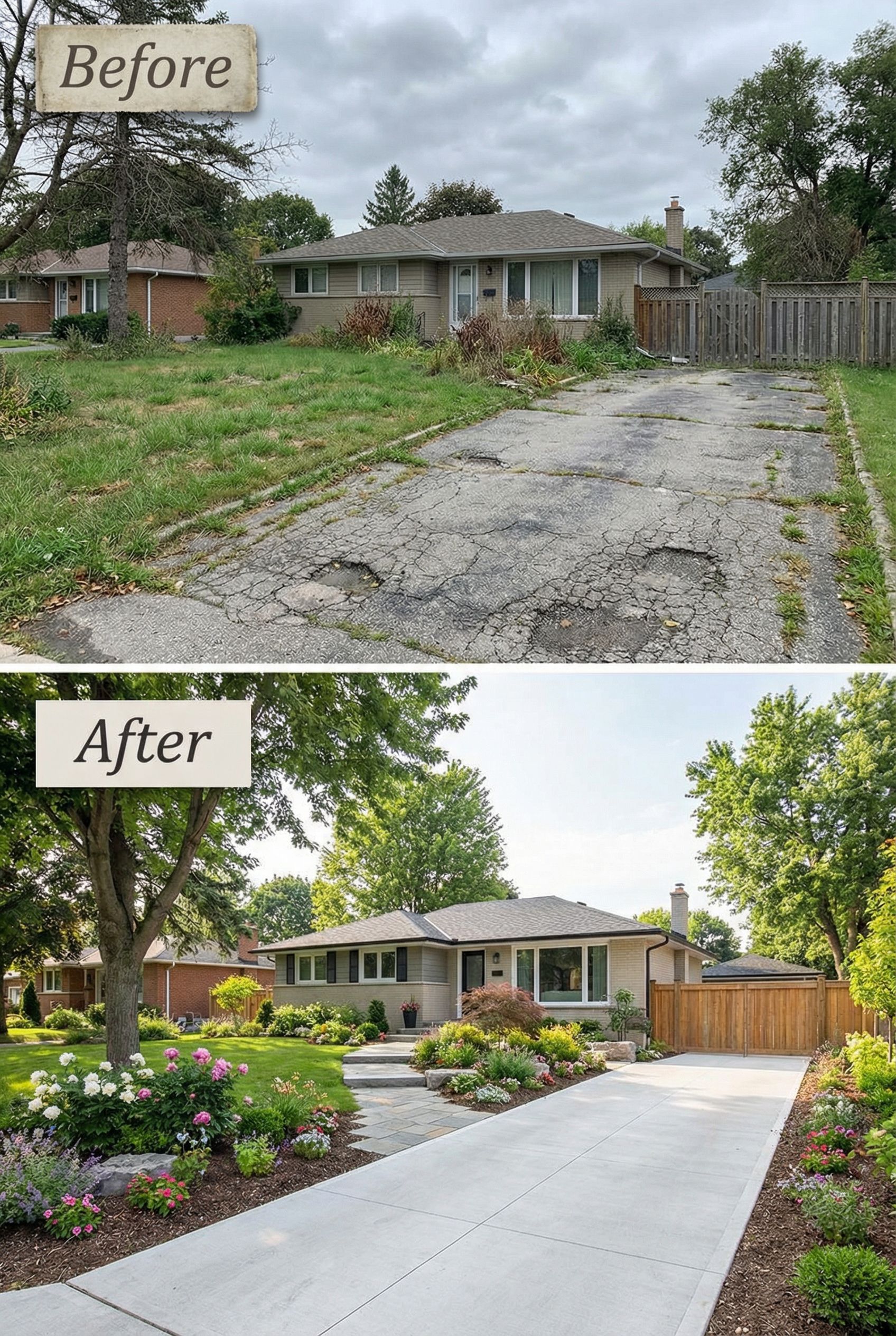 Neglected Shady Front Yard → Woodland Garden Retreat