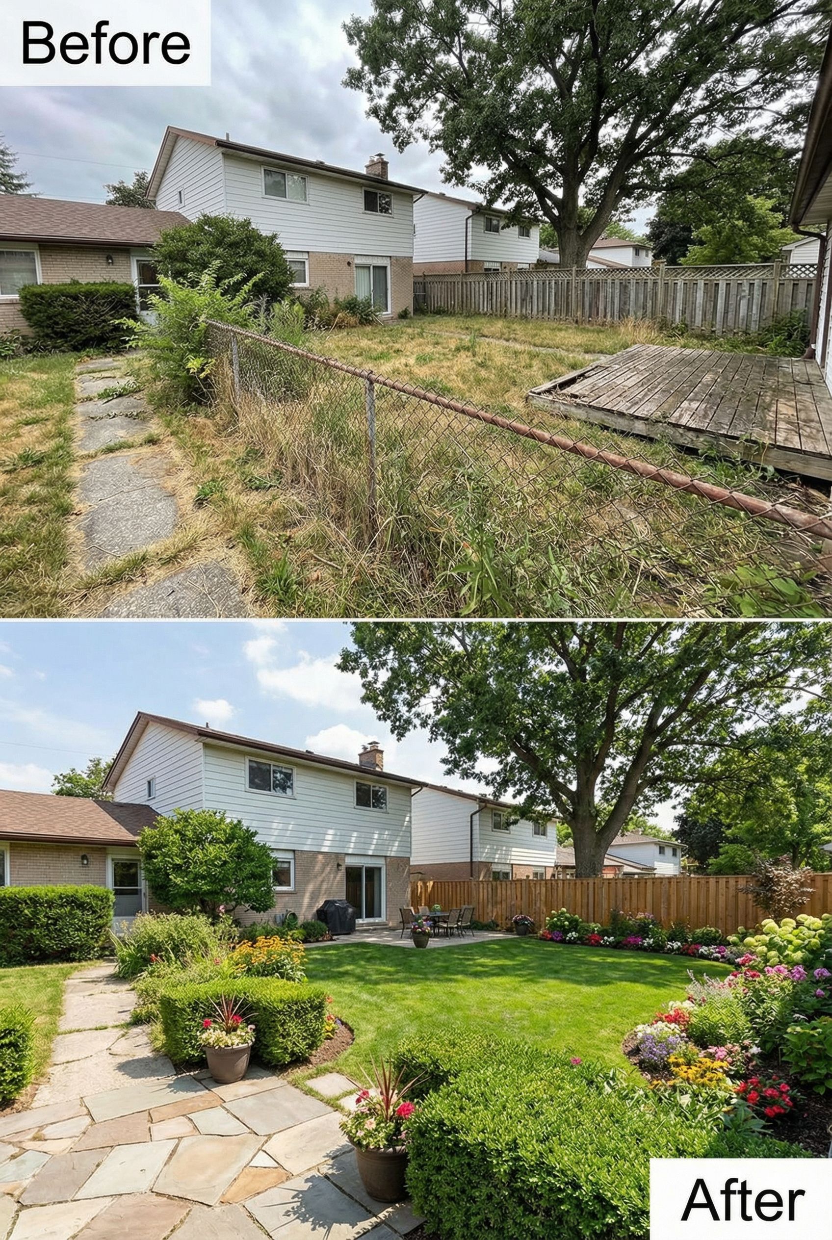 Neglected Shady Yard → Inviting Hosta Fern Sanctuary