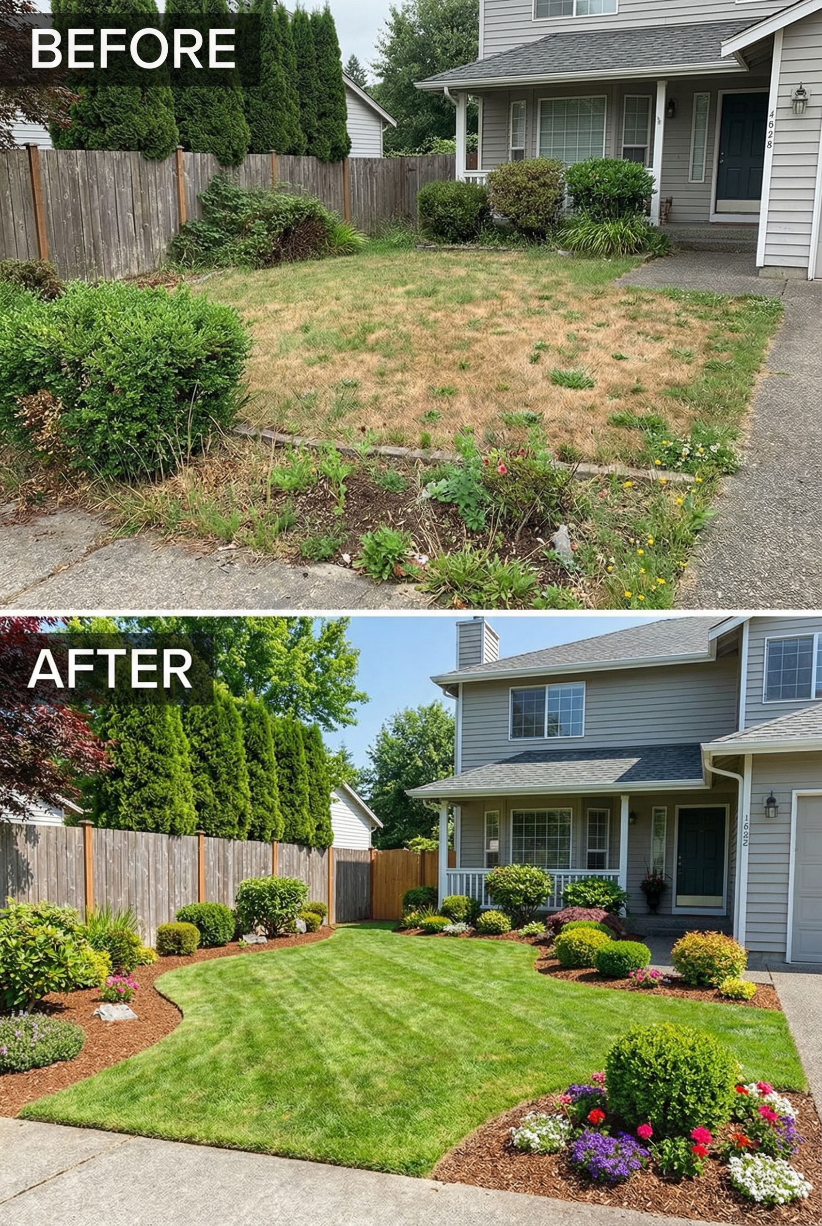 Neglected Shrub Border → Colorful Perennial Garden Bed