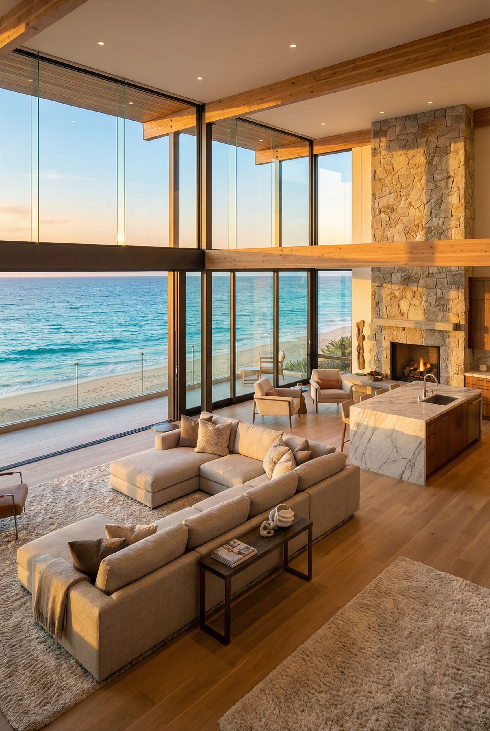 Oceanfront Luxury Great Room with Floor-to-Ceiling Windows