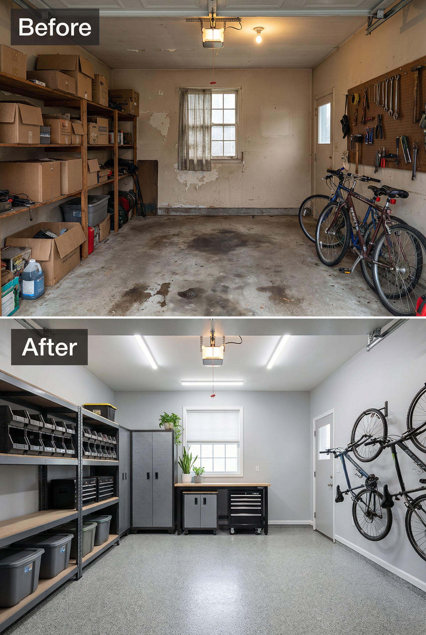 Oil-Stained 80s Garage → Clean Scandinavian Home Gym