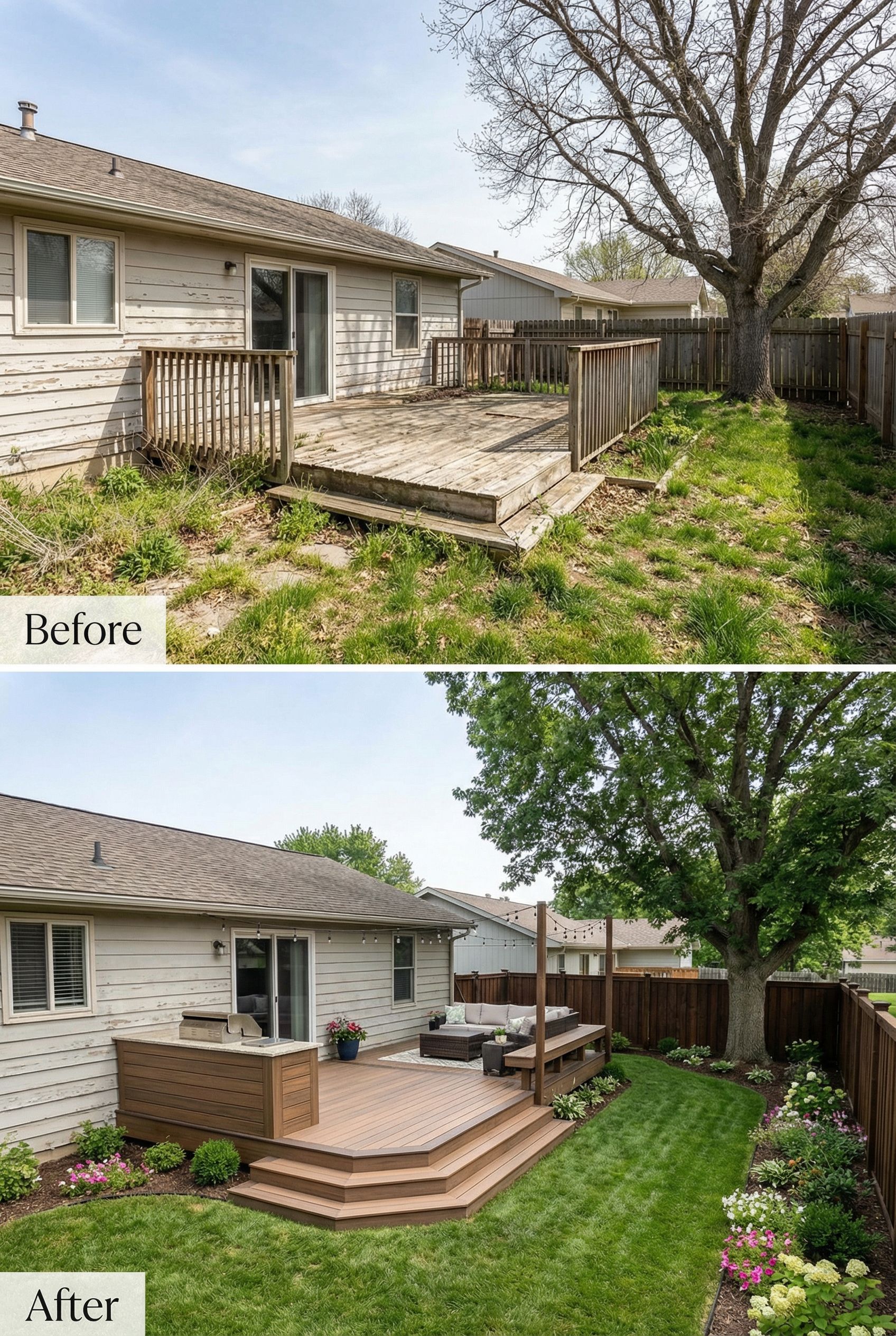 Old backyard deck reinvented as a multi-level outdoor kitchen pavilion