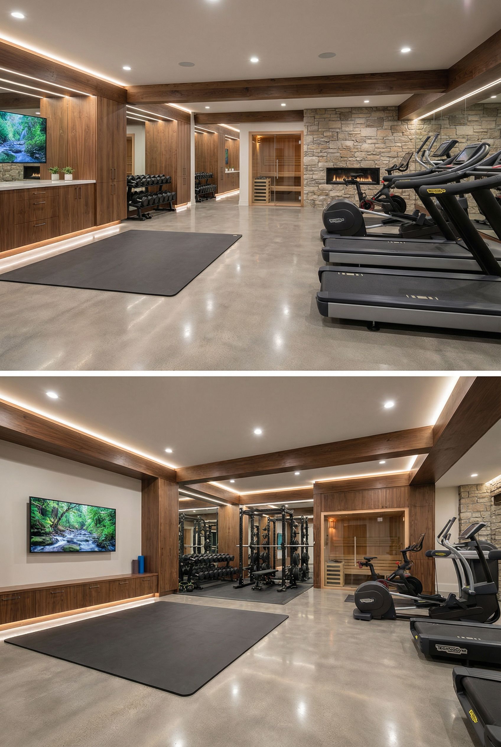 Open Concept Basement Fitness Studio Design