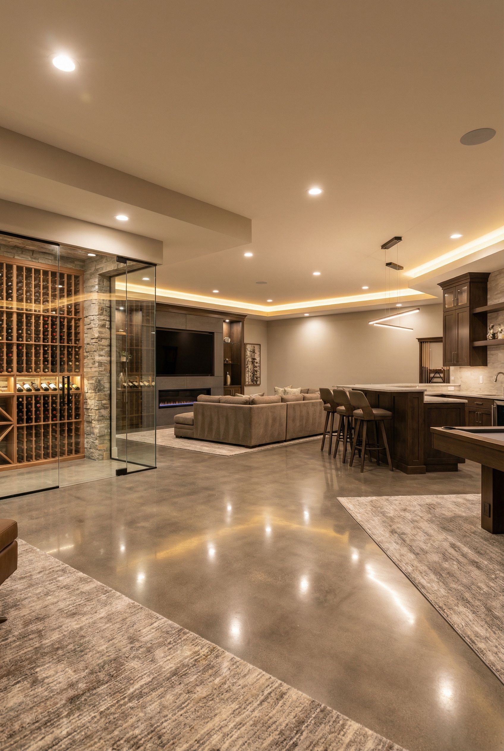 Open Concept Finished Basement Featuring Wine Cellar