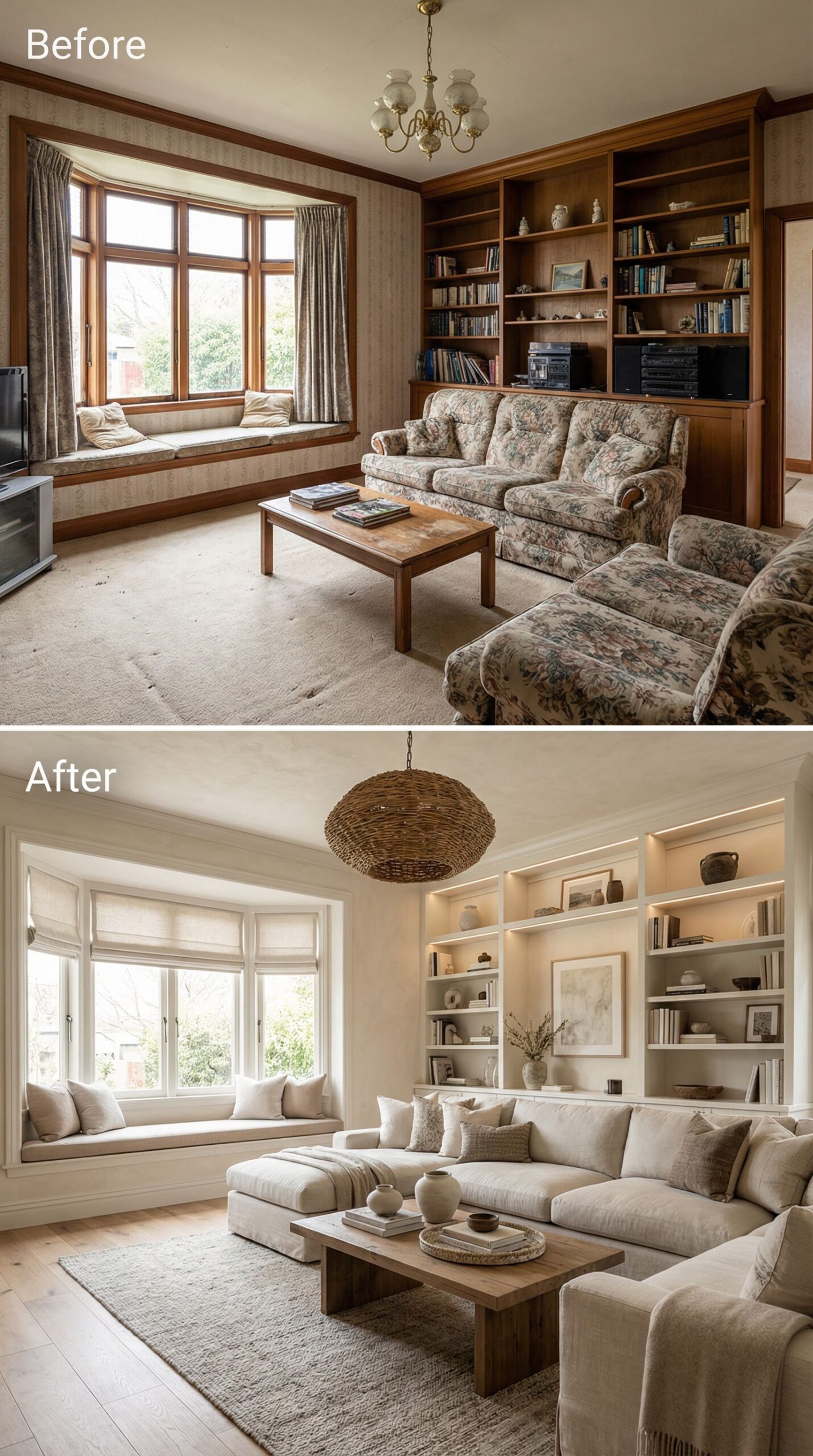 Outdated Fireplace Living Room → Modern Rustic Focal Point