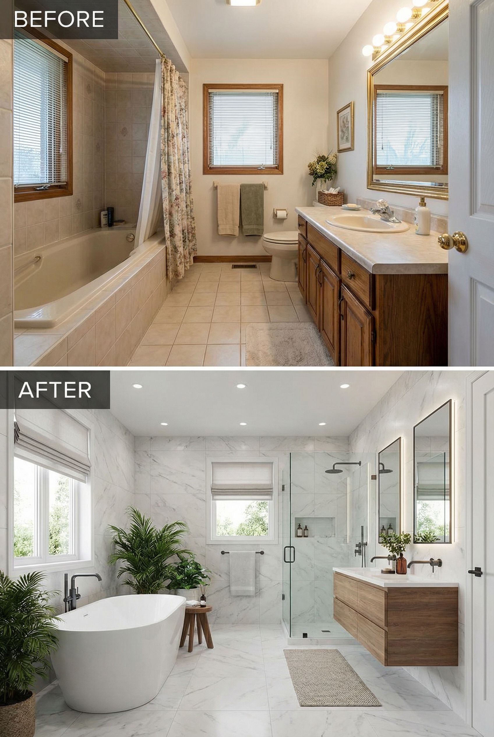 Outdated Floral Wallpaper Bathroom → Clean Coastal Escape