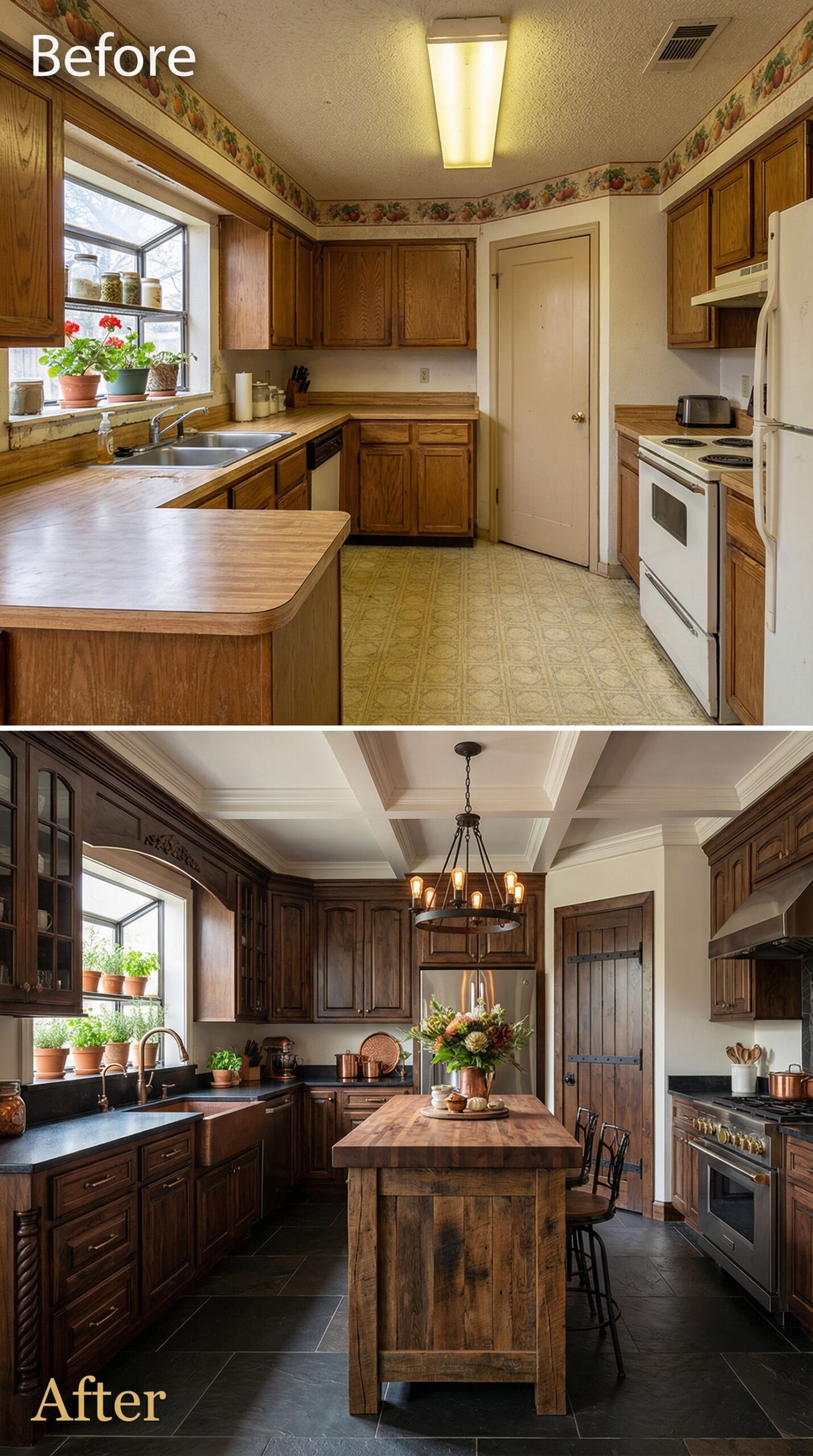 Outdated Fluorescent Kitchen → Warm Pendant Light Oasis