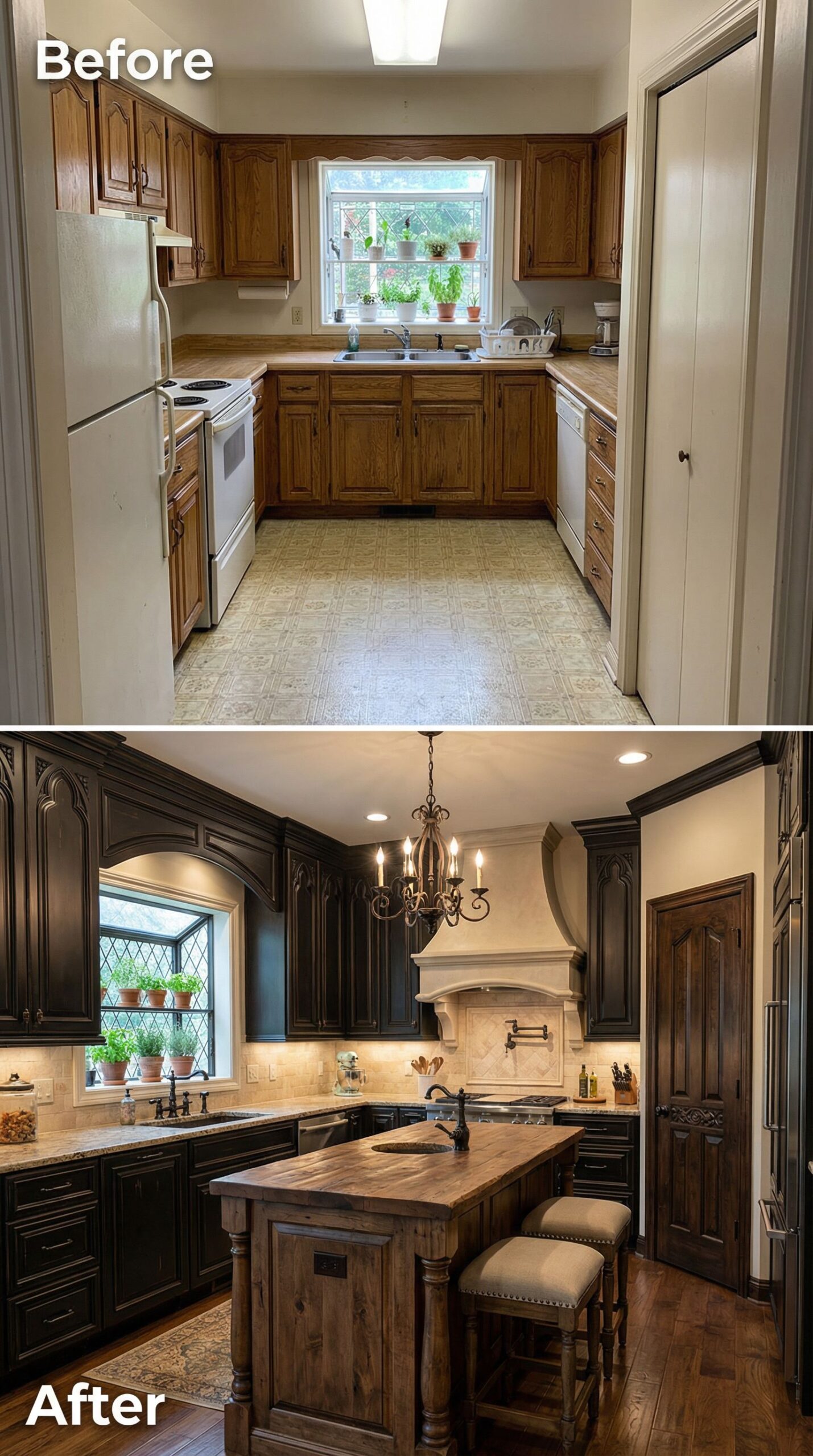 Outdated Formica Kitchen → Elegant Butcher Block Beauty