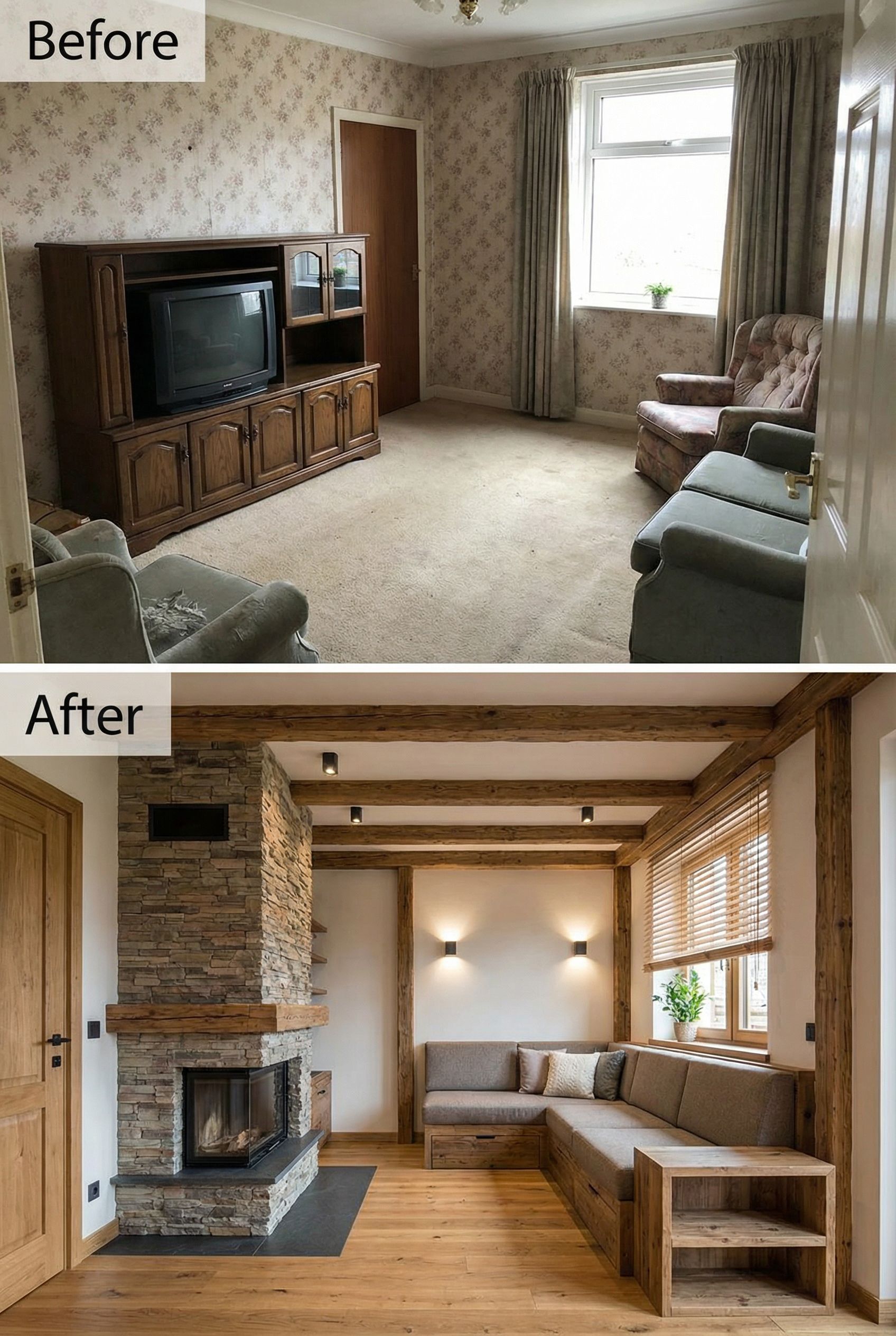 Outdated Small Living Room to Cozy Chalet Rustic Layout with Smarter Flow