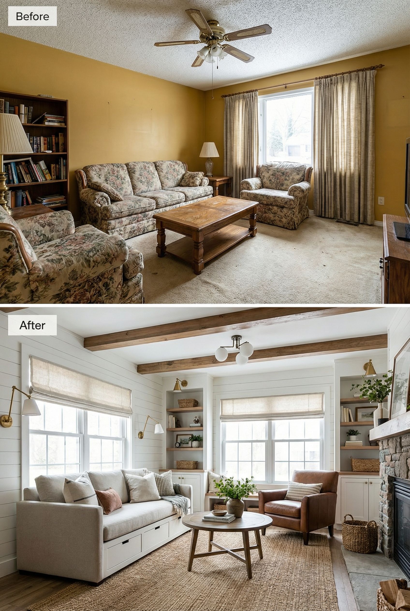 Outdated Small Living Room to Cozy Rustic Design with Space-Saving Reconfiguration