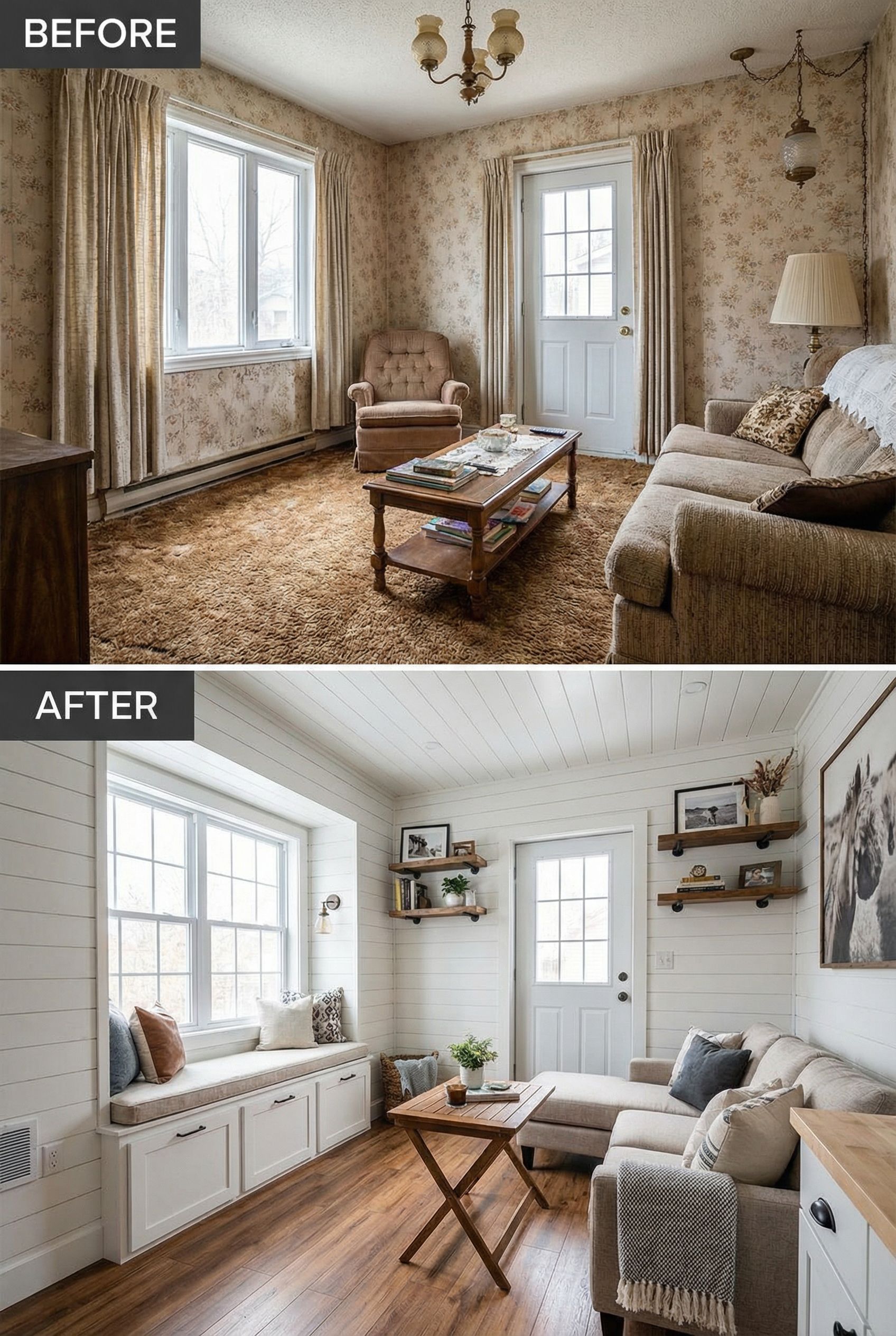 Outdated Small Living Room to Warm Rustic Look with Space-Saving Wall Storage