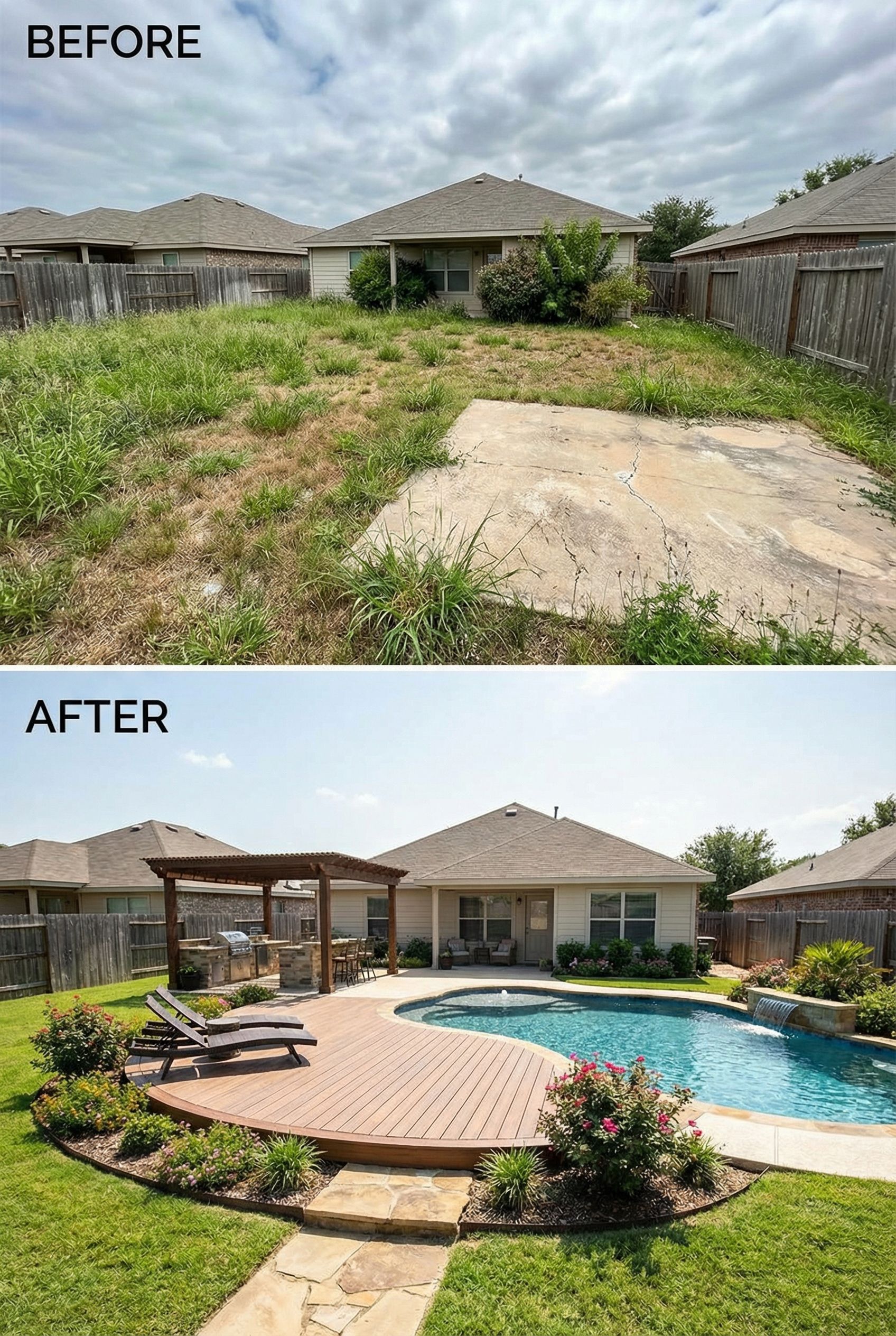 Overgrown Jungle Backyard → Serene Outdoor Living Oasis