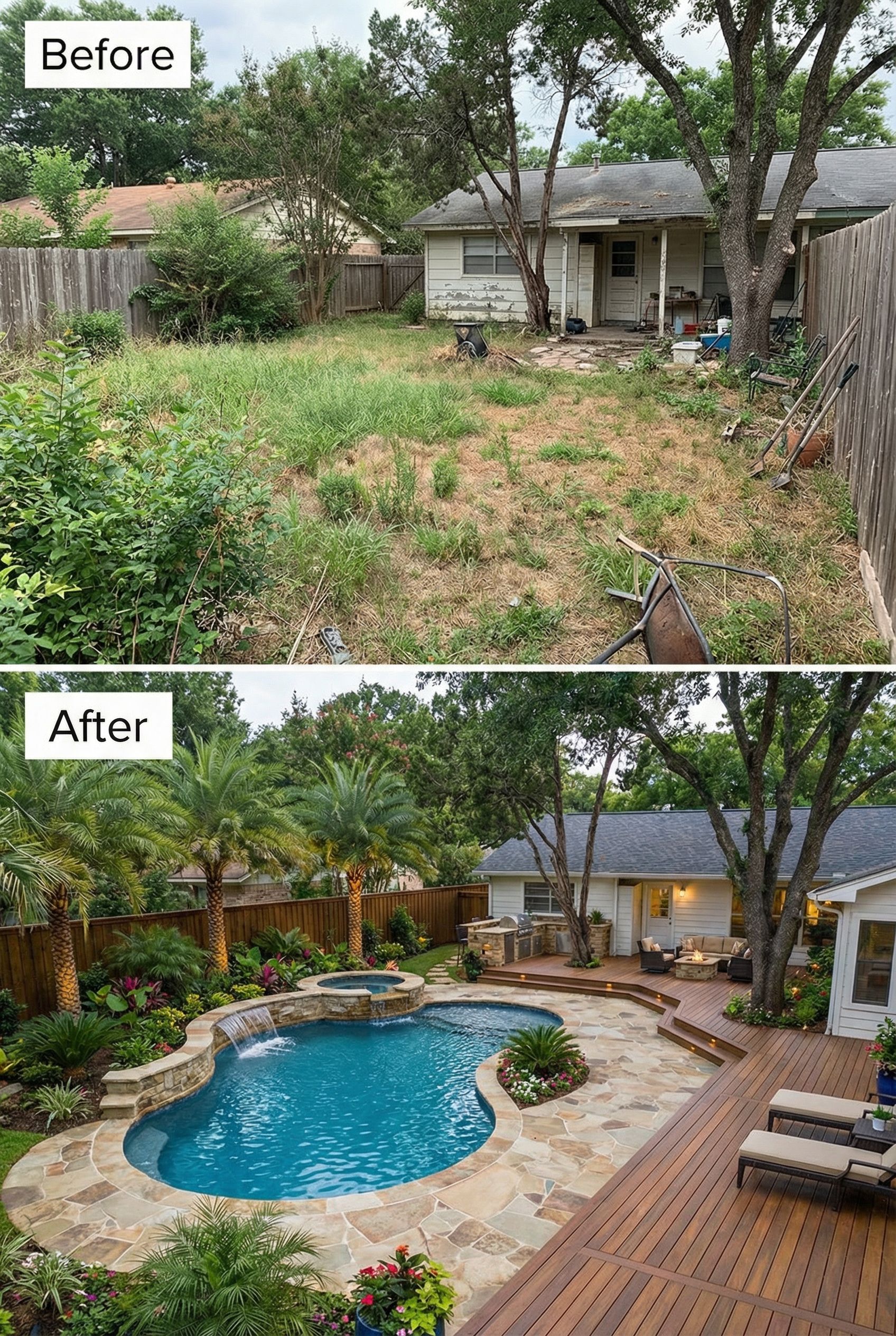 Overgrown Jungle Backyard → Sleek Modern Entertaining Space
