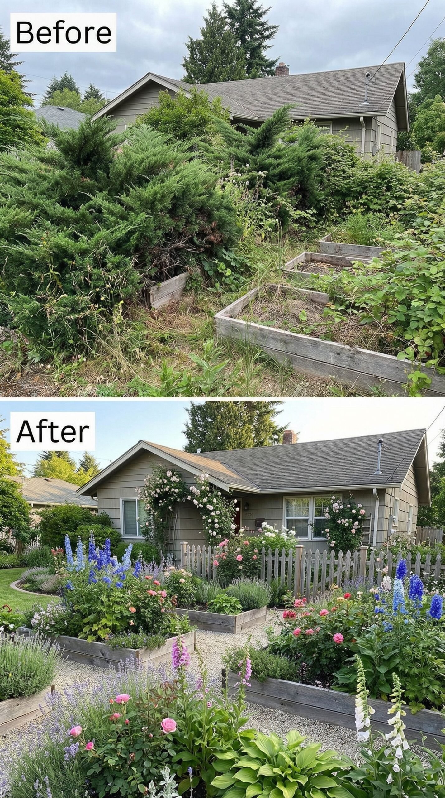 Overgrown Juniper Jungle → Modern Ornamental Grass Garden
