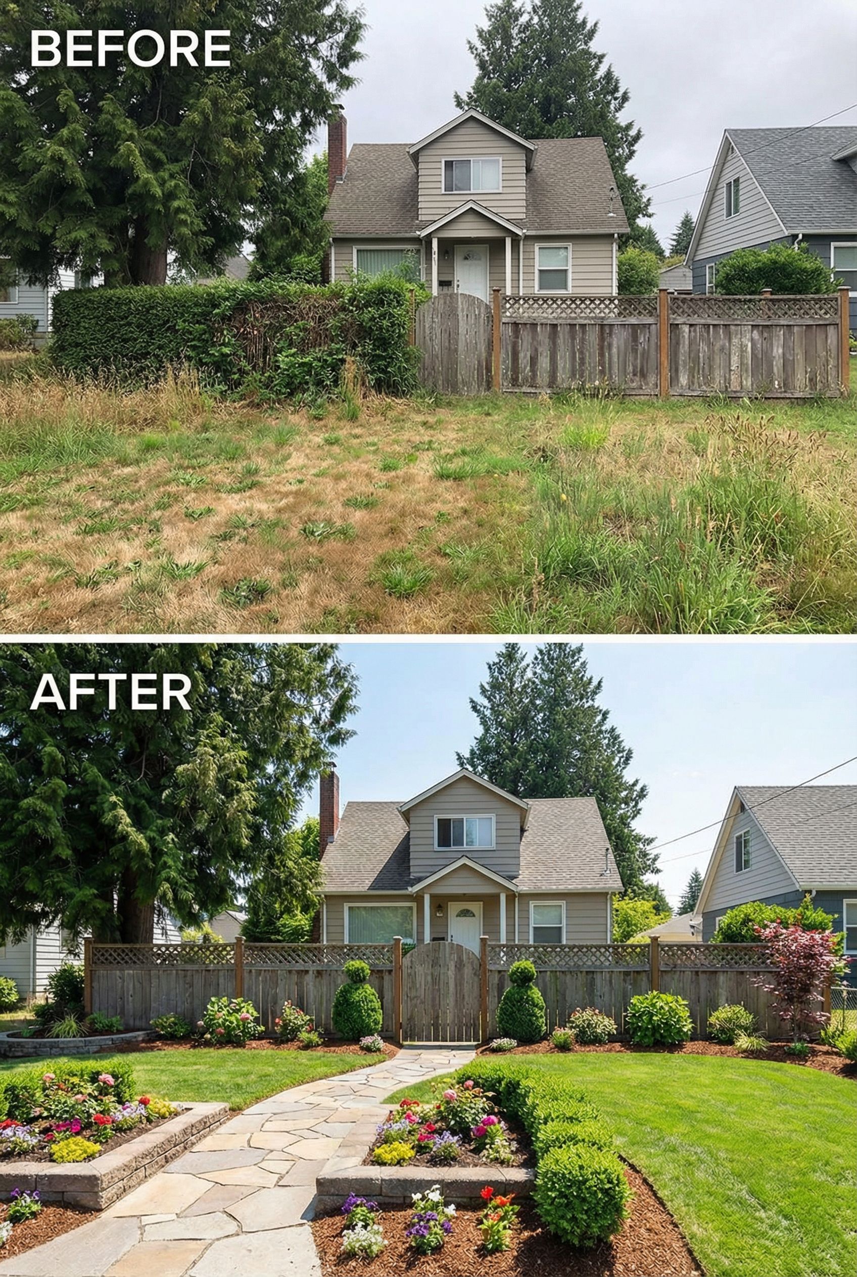 Overgrown Weedy Front Yard → Charming Cottage Garden