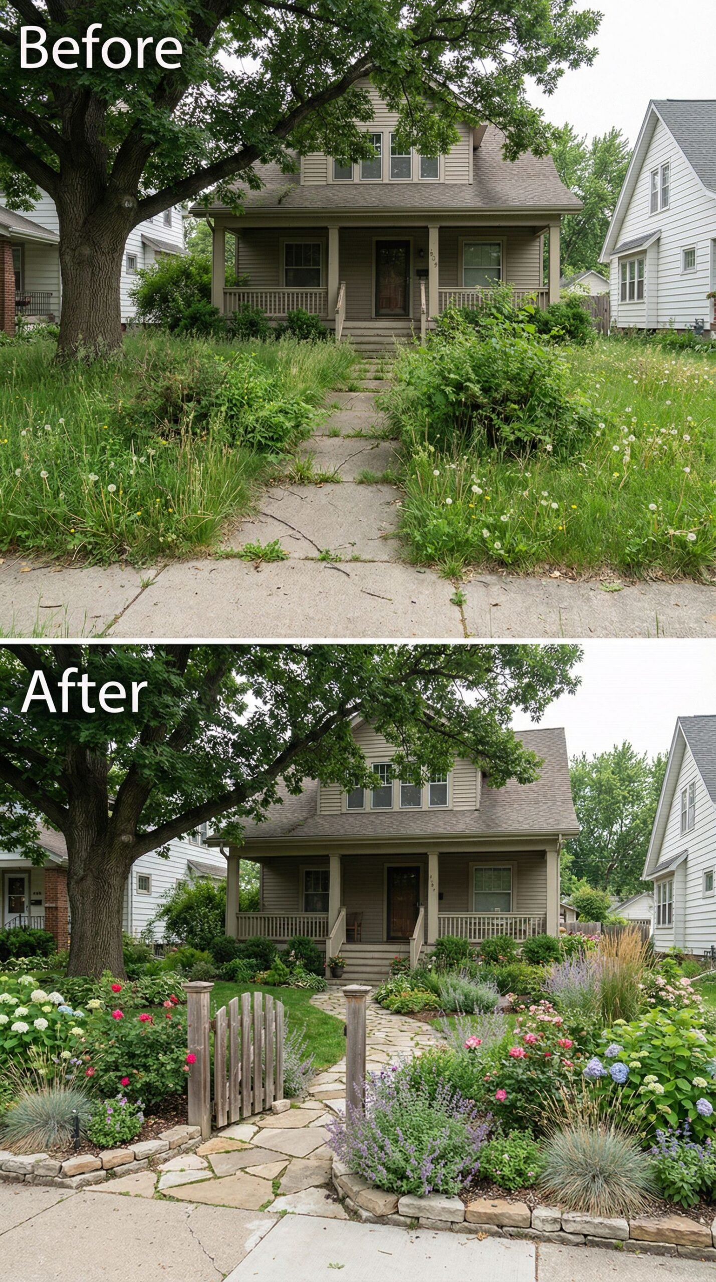 Overgrown Weedy Front Yard → Modern Minimalist Landscape