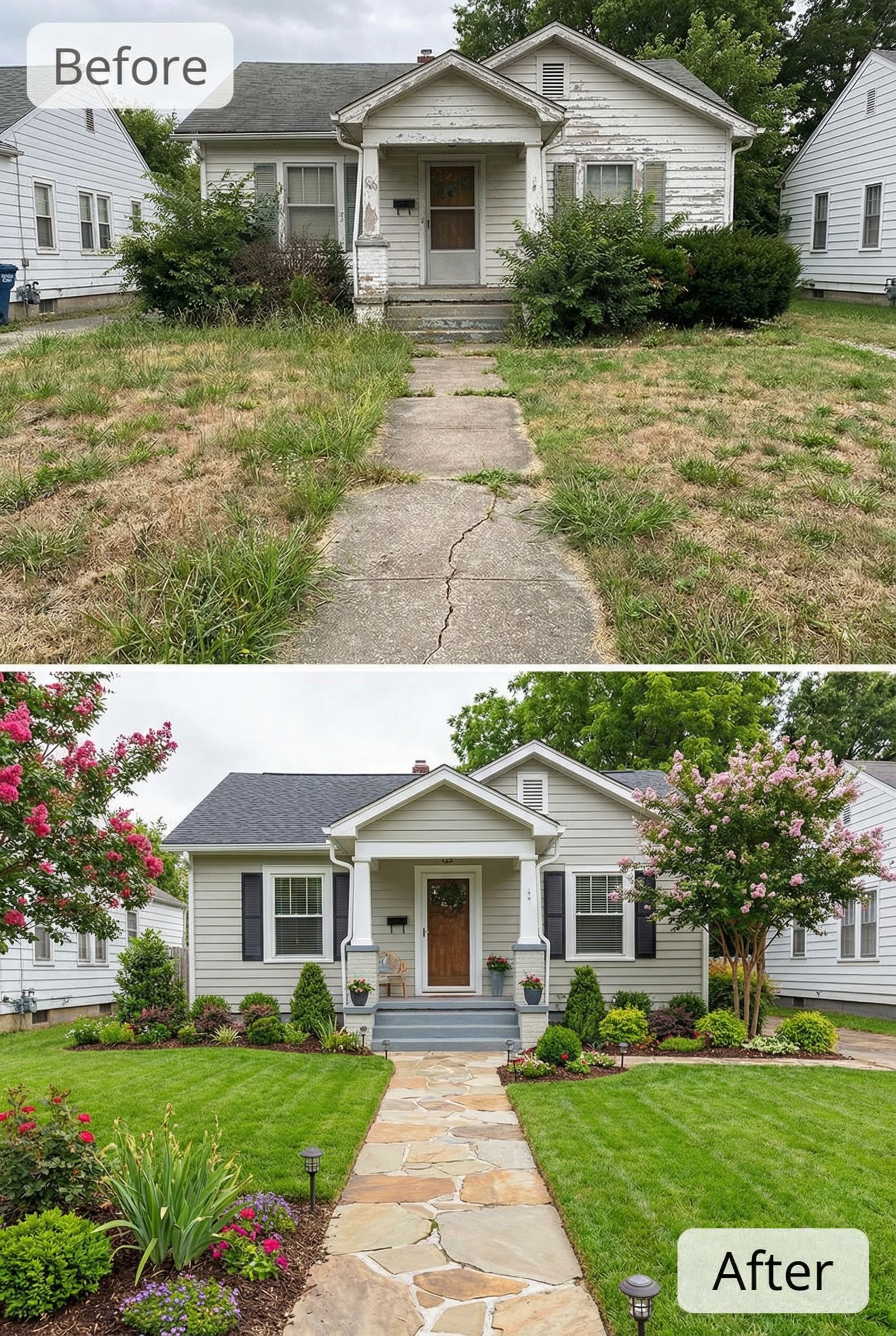 Overgrown Weedy Front Yard → Modern Minimalist Landscape