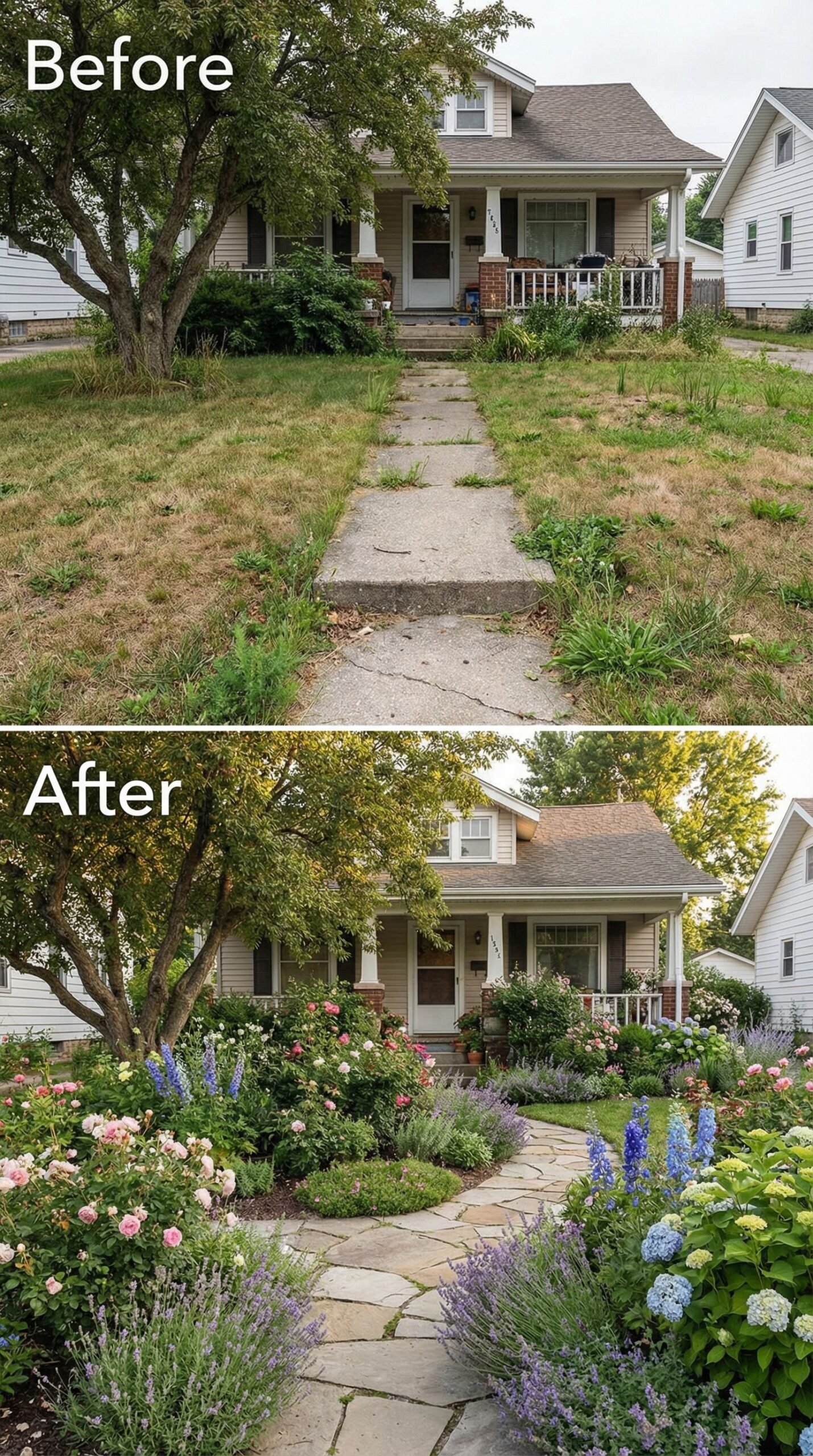 Patchy Grass Front Yard → Colorful Xeriscape Paradise