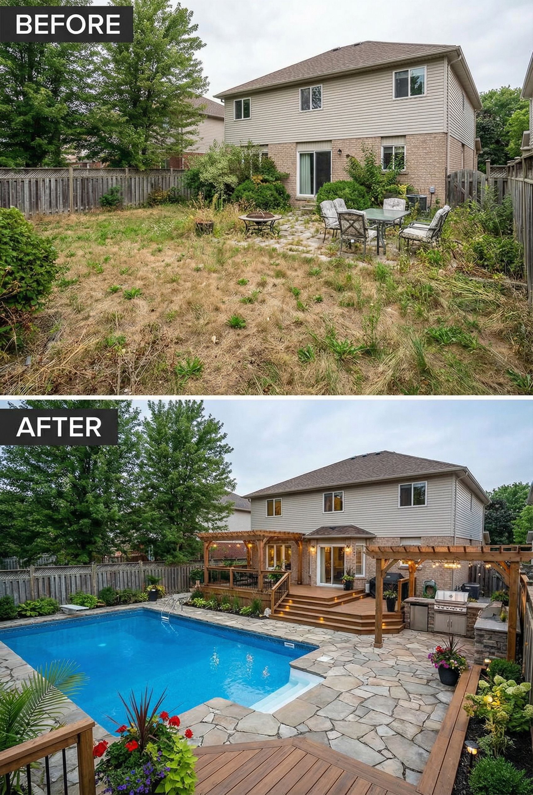 Patchy Grass Lawn → Lush Multi-Level Garden Oasis