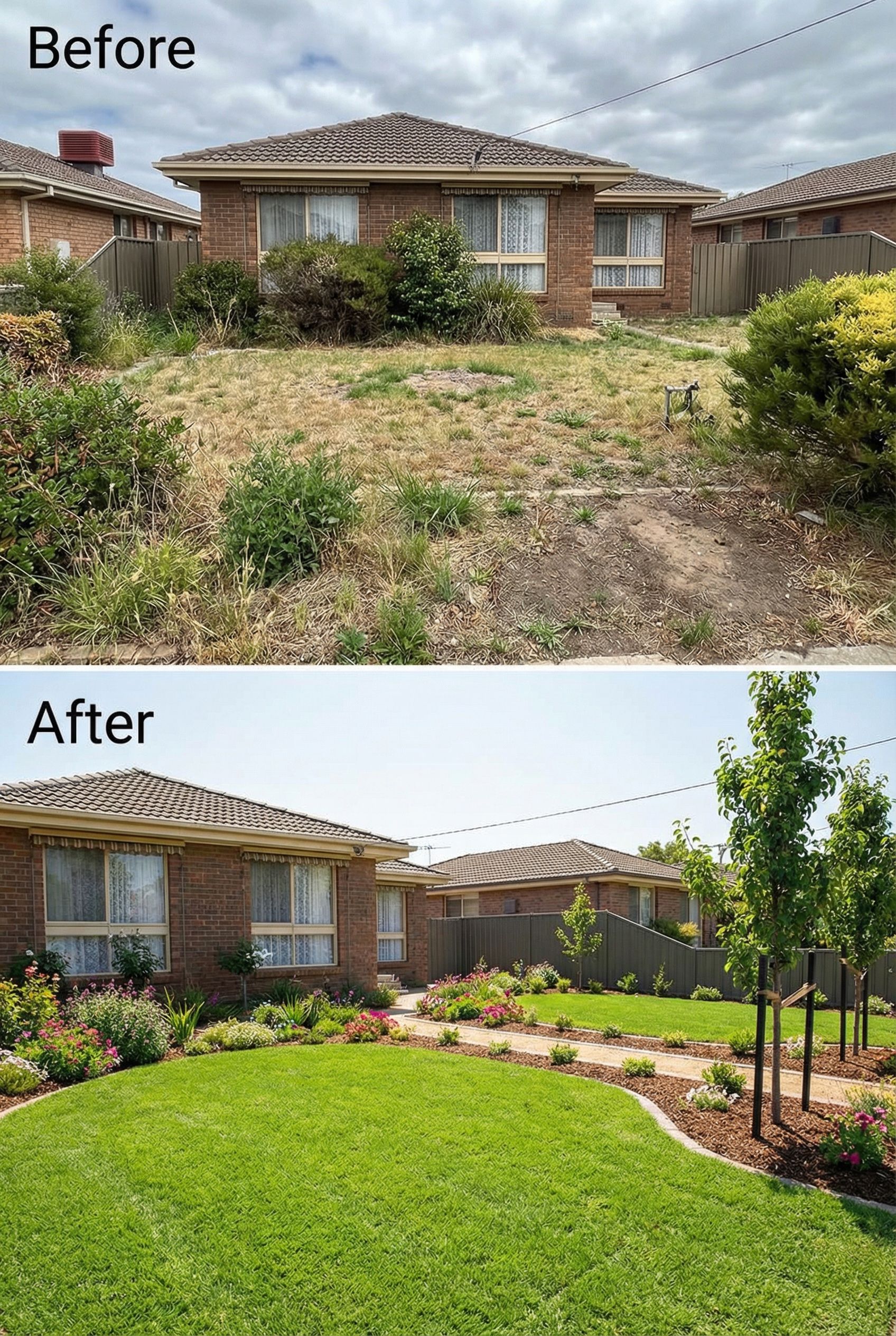 Patchy Lawn Front Yard → Colorful Perennial Flower Beds