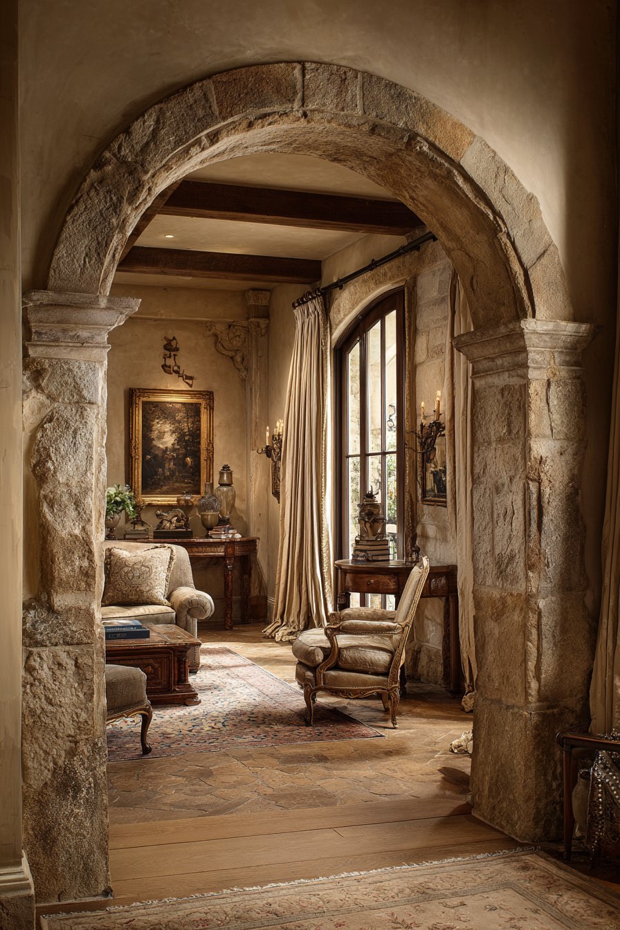 Photorealistic $100,000+ luxury French country living room, separate formal space with arched doorway, warm taupe walls, antique wood furniture, not open concept