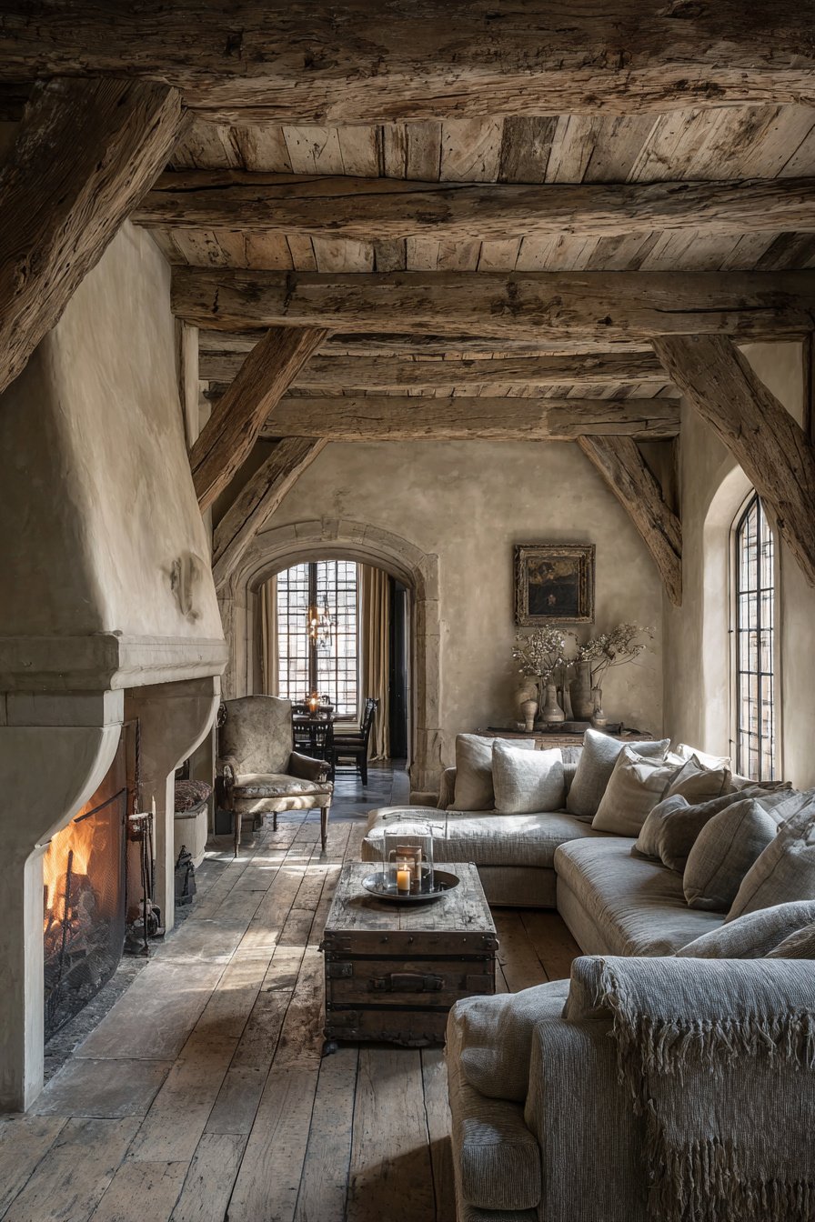 Photorealistic image of $100,000+ French country living room, closed layout with thick walls, rustic beams, weathered wood floors, elegant but cozy, not open concept - Image 2