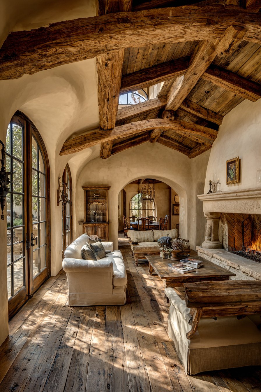Photorealistic image of $100,000+ French country living room, closed layout with thick walls, rustic beams, weathered wood floors, elegant but cozy, not open concept - Image 1