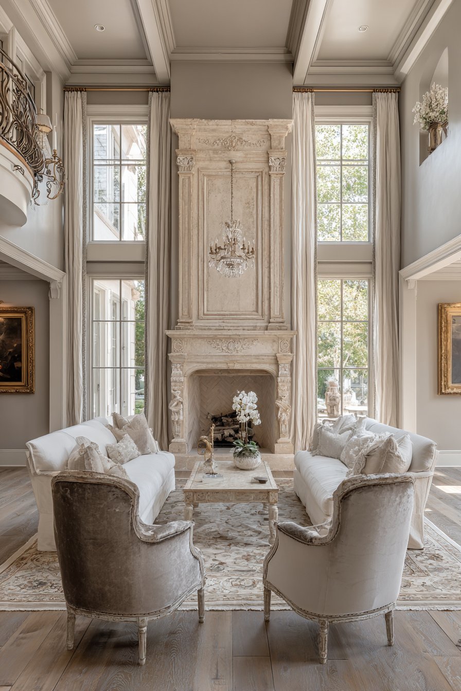 Photorealistic image of $100,000+ French country living room, not open concept, formal seating arrangement, pale neutral palette, refined European charm