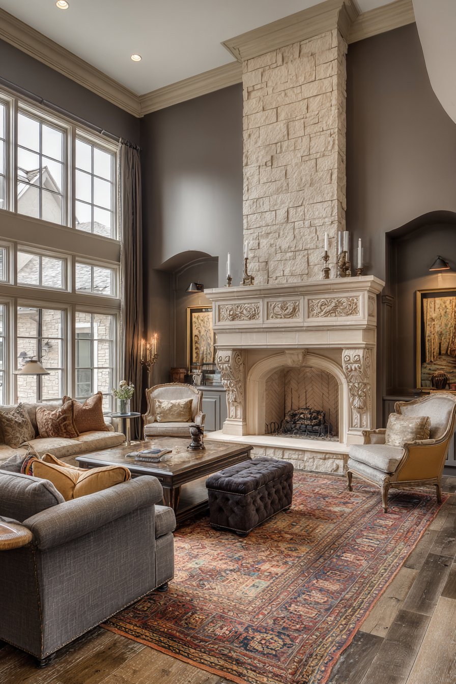 Photorealistic image of $100,000+ French country living room, not open concept, rich neutral tones, antique rugs, classic fireplace focal point - Image 2