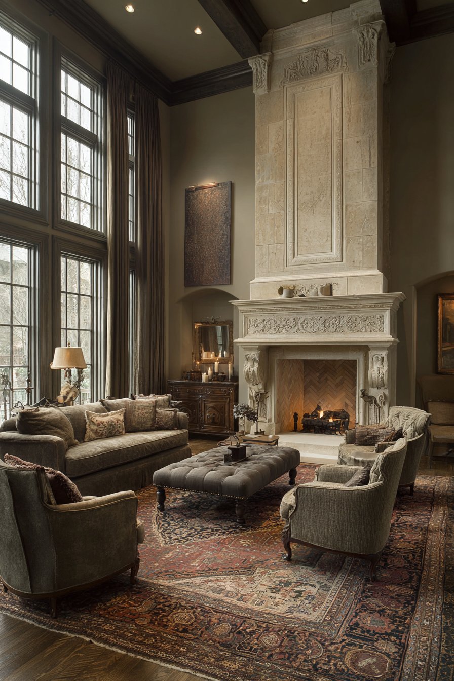 Photorealistic image of $100,000+ French country living room, not open concept, rich neutral tones, antique rugs, classic fireplace focal point - Image 3