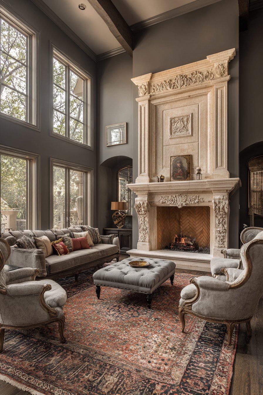 Photorealistic image of $100,000+ French country living room, not open concept, rich neutral tones, antique rugs, classic fireplace focal point - Image 1