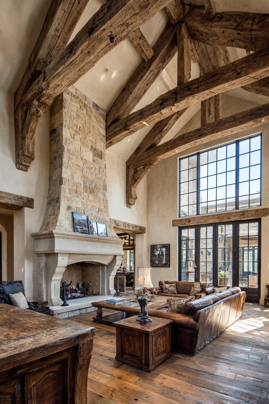 Photorealistic image of $100,000+ French country style living room, elegant enclosed space, rustic beams, oversized fireplace, warm ivory and wood tones, not open concept - Image 2