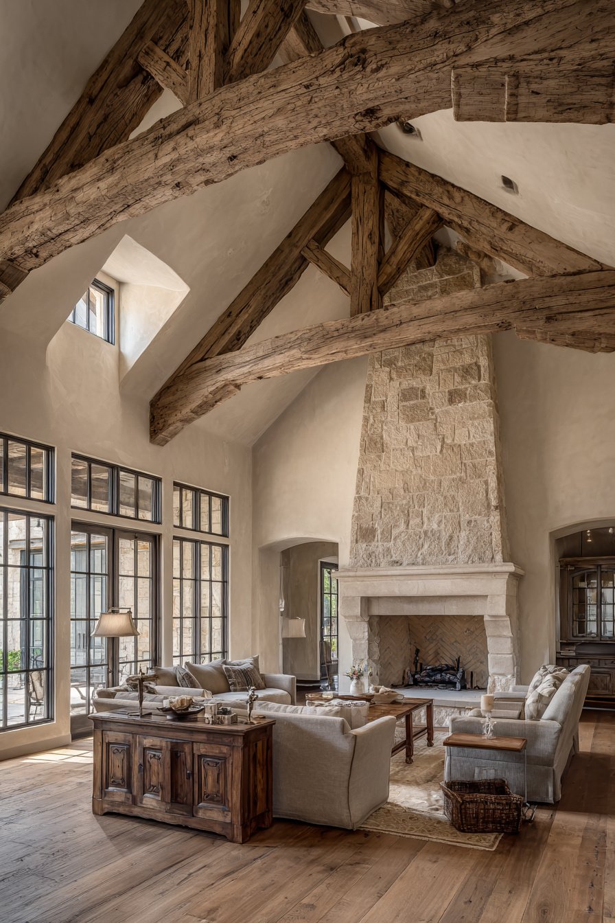 Photorealistic image of $100,000+ French country style living room, elegant enclosed space, rustic beams, oversized fireplace, warm ivory and wood tones, not open concept - Image 1