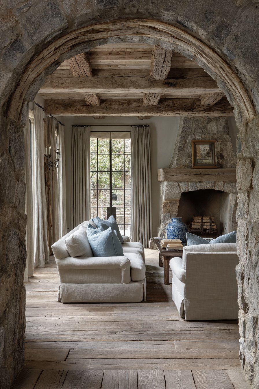 Photorealistic image of high-end French country living room, $100,000+, separate living room with traditional proportions, pale blue accents, stone hearth, not open concept - Image 1