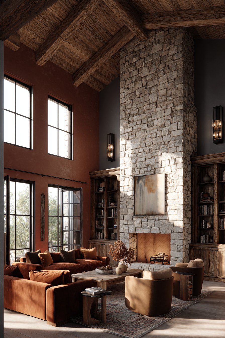 Photorealistic image of high-end French country living room, luxury $100,000+, separate living space with tall ceilings, stone fireplace, muted earth tones, not open concept