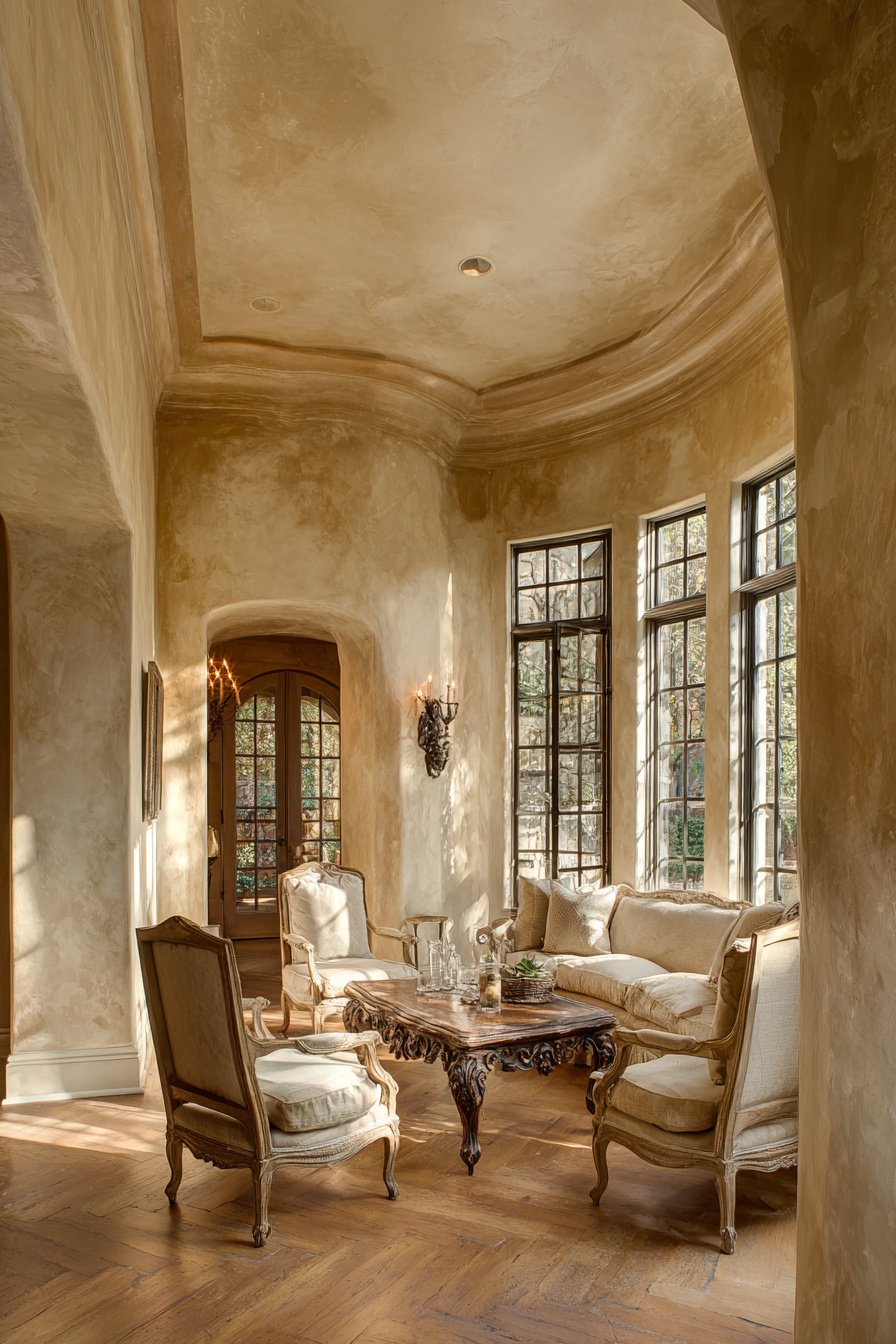 Photorealistic image of high-end French country living room, luxury $100,000+, separate room with elegant proportions, textured plaster walls, not open concept
