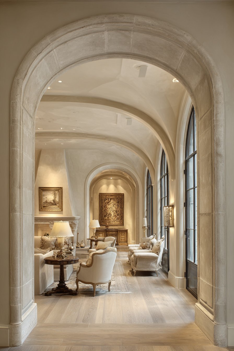 Photorealistic image of high-end luxury French country living room, $100,000+, closed plan with elegant archways, warm cream palette, not open concept
