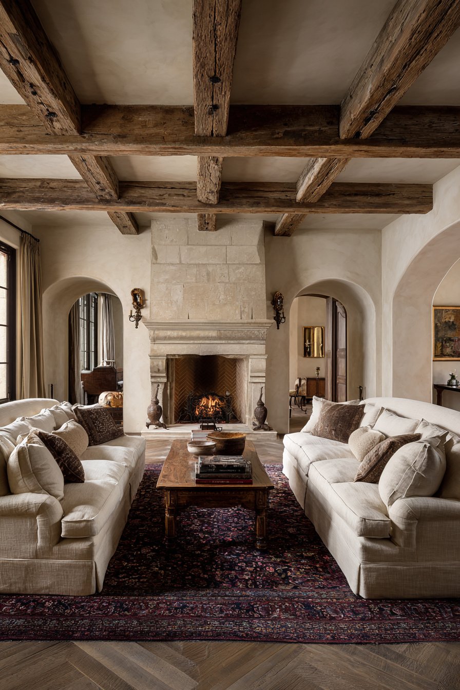 Photorealistic image of luxury $100,000+ French country living room, enclosed floor plan, limestone fireplace, exposed beams, elegant traditional layout, not open concept - Image 2